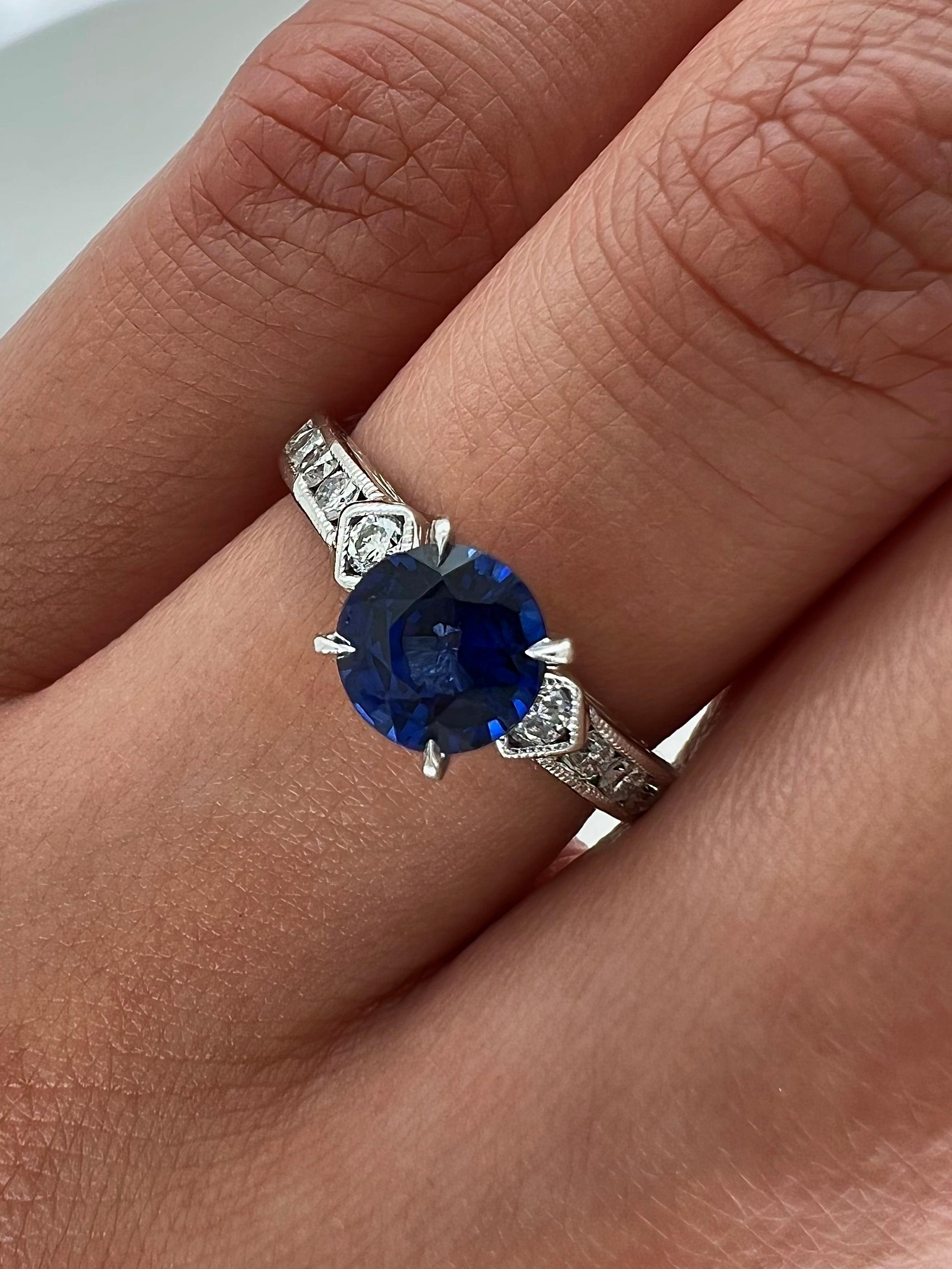 Round Cut 1.24 Total Carat Sapphire and Diamond Engagement Ring For Sale