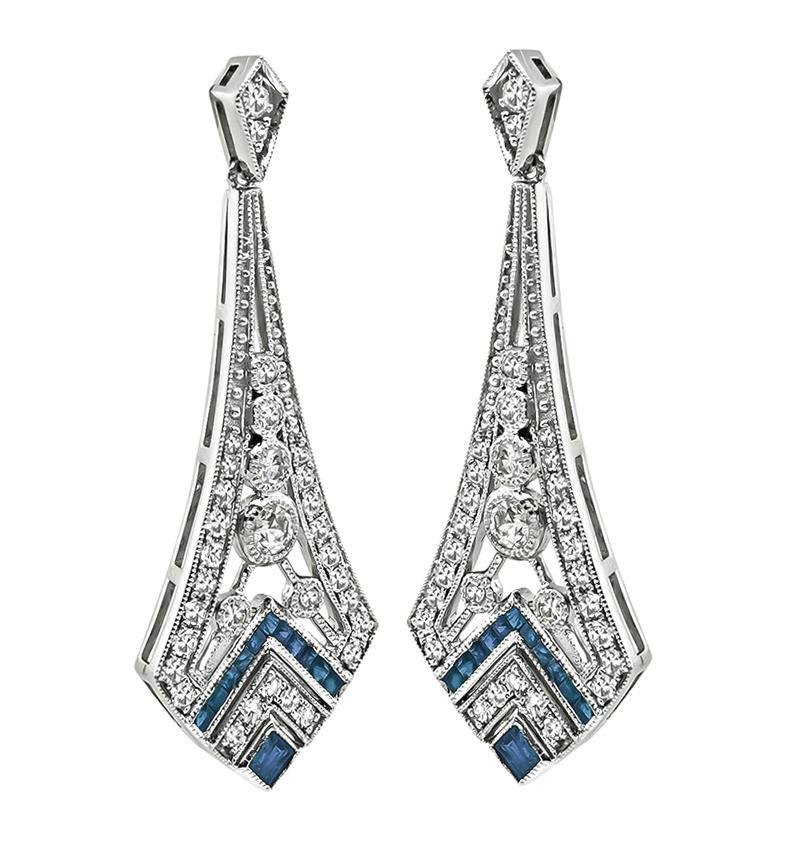 Taglio rotondo Orecchini Chandelier con diamante da 1,24 carati e zaffiro da 0,69 carati in vendita