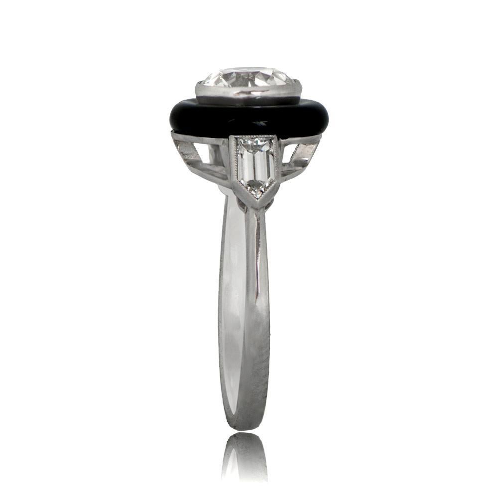 Art Deco 1.24 Carat Old Euro-Cut Diamond Ring, Onyx Halo, Platinum For Sale
