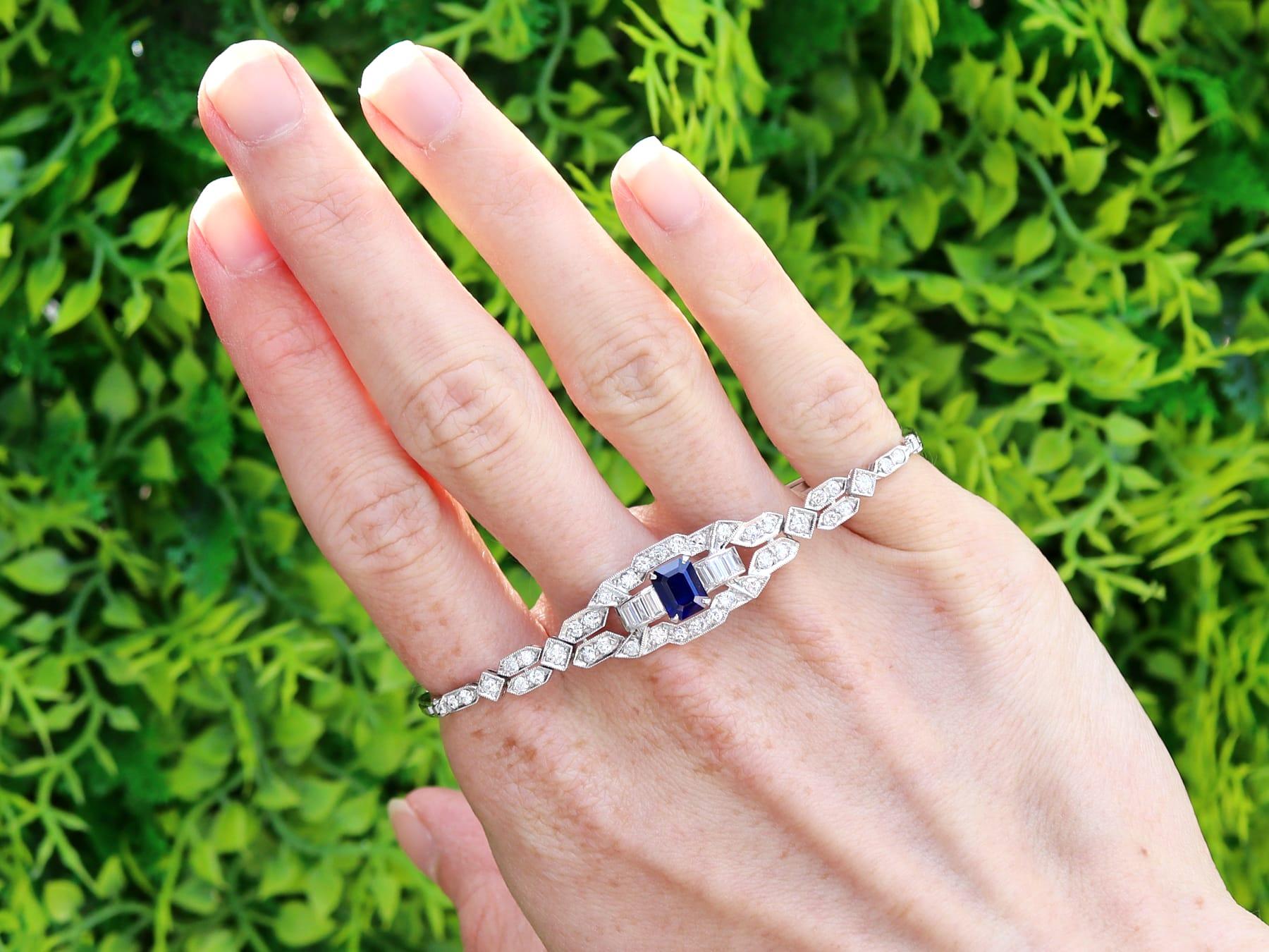 A stunning, fine and impressive antique 1.24 carat sapphire and 1.80 carat diamond, platinum and 18 karat white gold Art Deco bracelet; part of our diverse collection of antique luxury Art Deco sapphire jewelry.

This stunning, fine and impressive