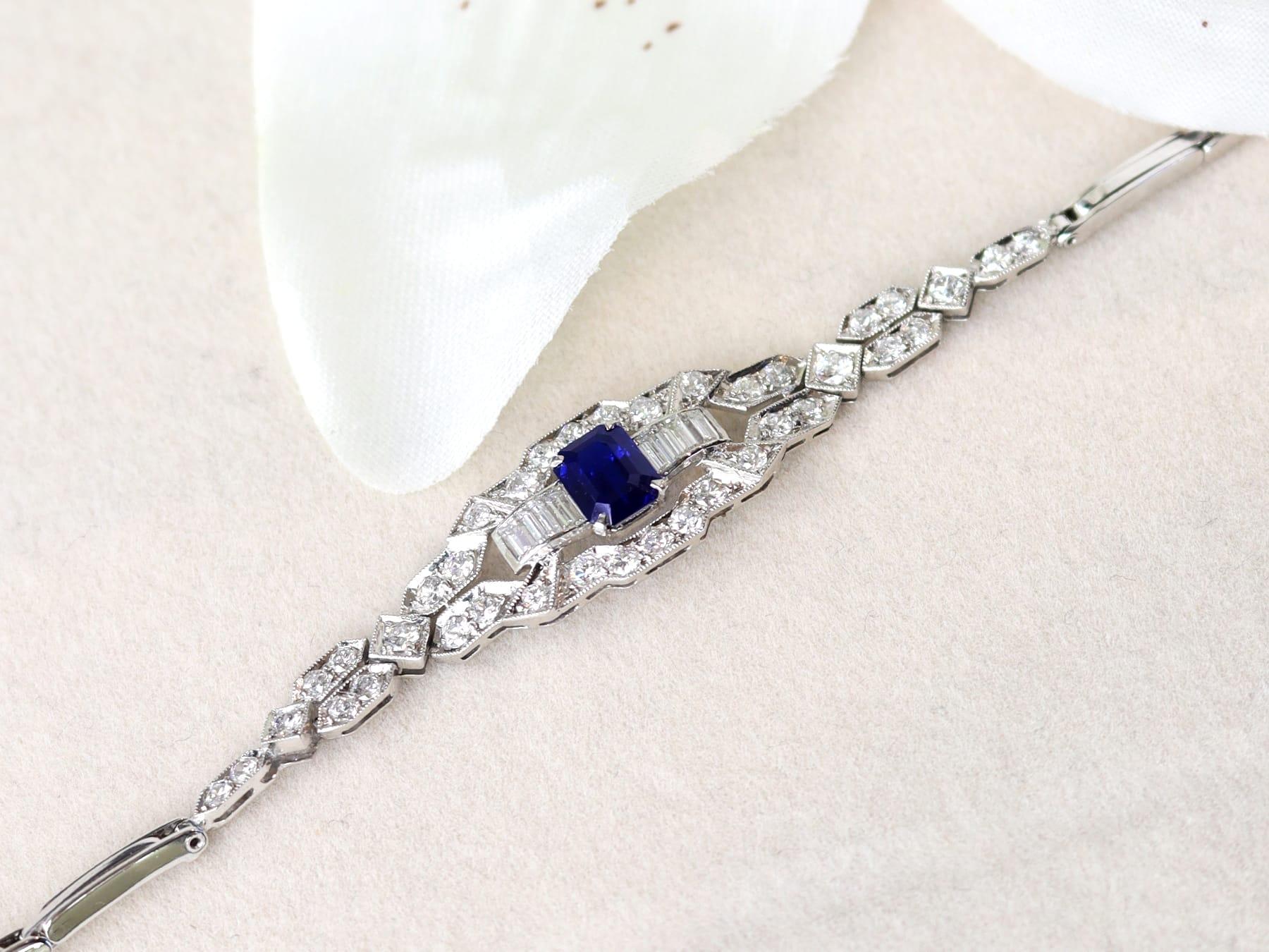 Emerald Cut 1.24Ct Sapphire and 1.80Ct Diamond, Platinum and 18k White Gold Bracelet