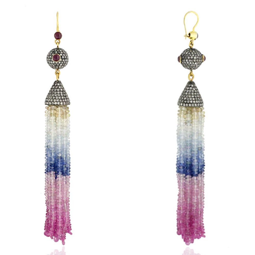 Modern 124cts Multi Color Sapphire Diamond & Ruby Tassel Earring In 18k Gold and Silver For Sale