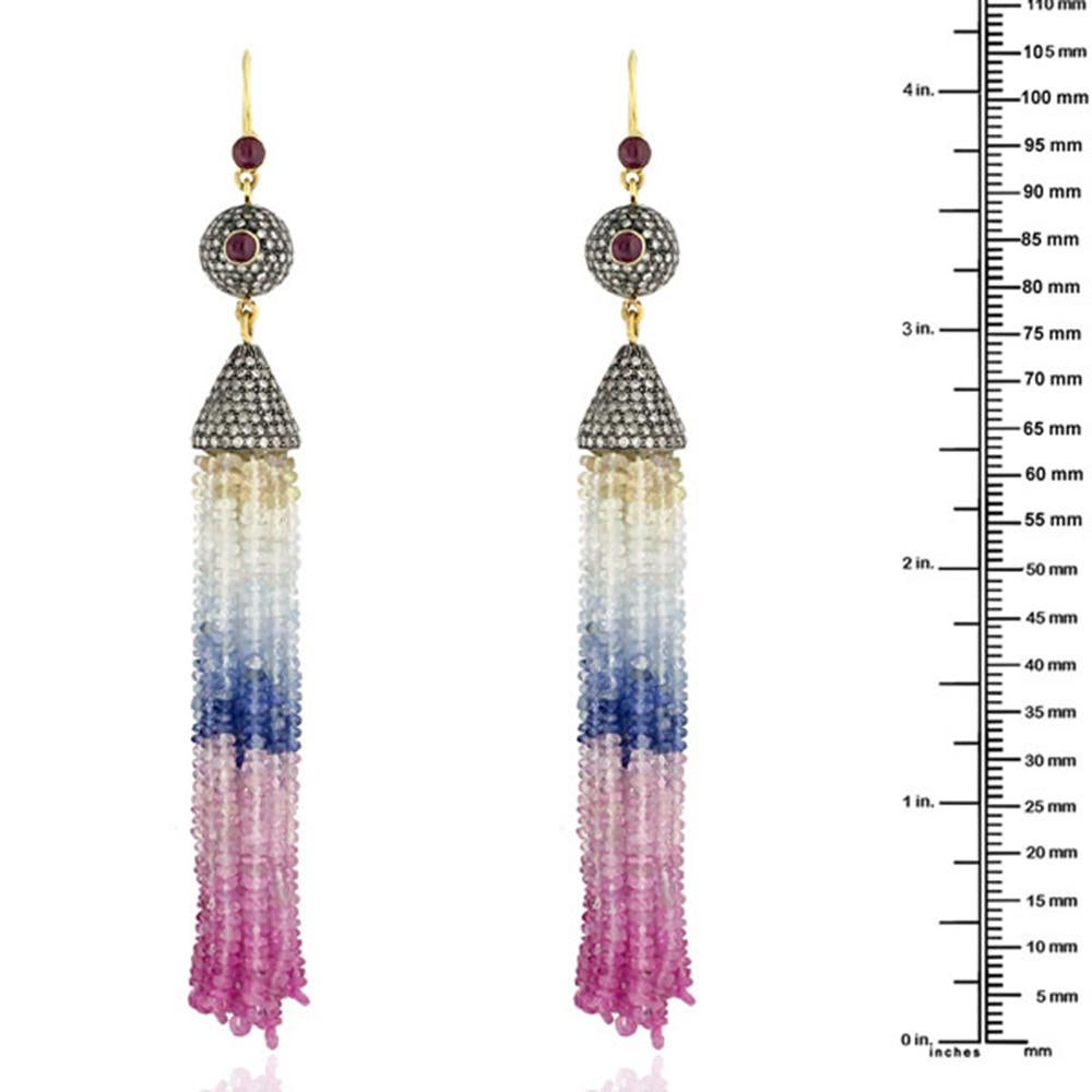 Mixed Cut 124cts Multi Color Sapphire Diamond & Ruby Tassel Earring In 18k Gold and Silver For Sale