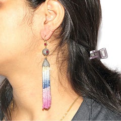 124cts Multi Color Sapphire Diamond & Ruby Tassel Earring In 18k Gold and Silver
