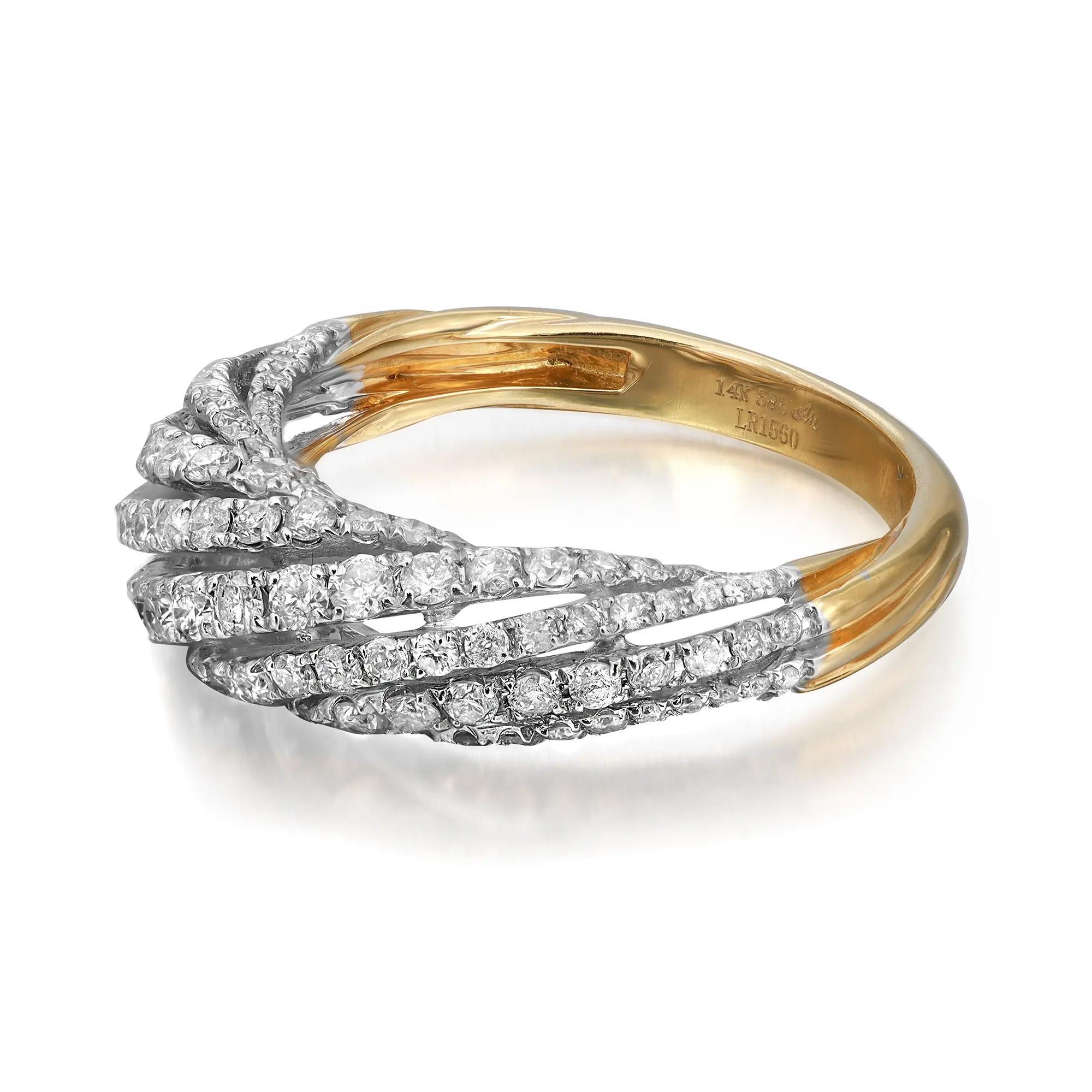 This beautiful dome shaped diamond ring is all about sparkle and glamour. Crafted in high polished 14K yellow gold. It features prong set round brilliant cut diamonds weighing 1.24 carats. Diamond quality: I color and SI clarity. Ring size 7.25. Top