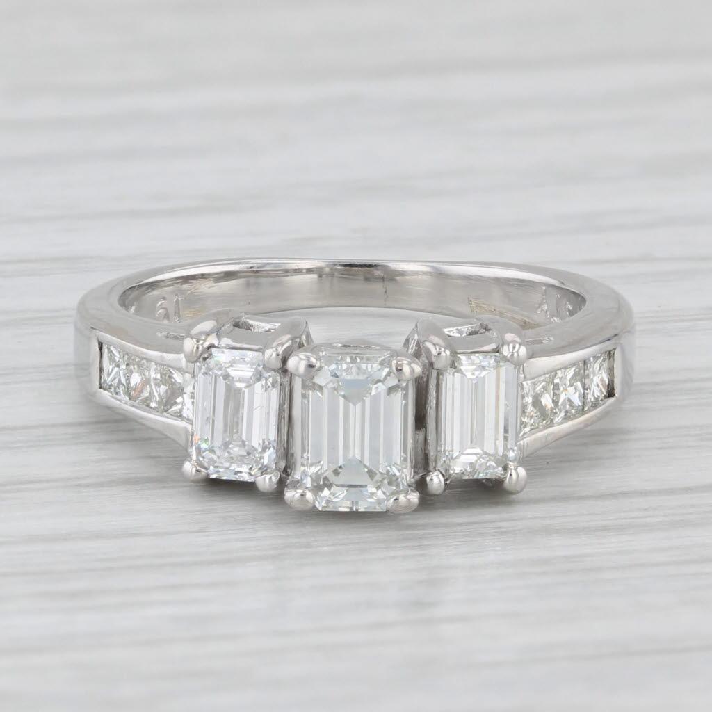 1.24ctw 3-Stone Emerald Cut Engagement Ring 14k White Gold Size 6.25 For Sale 1