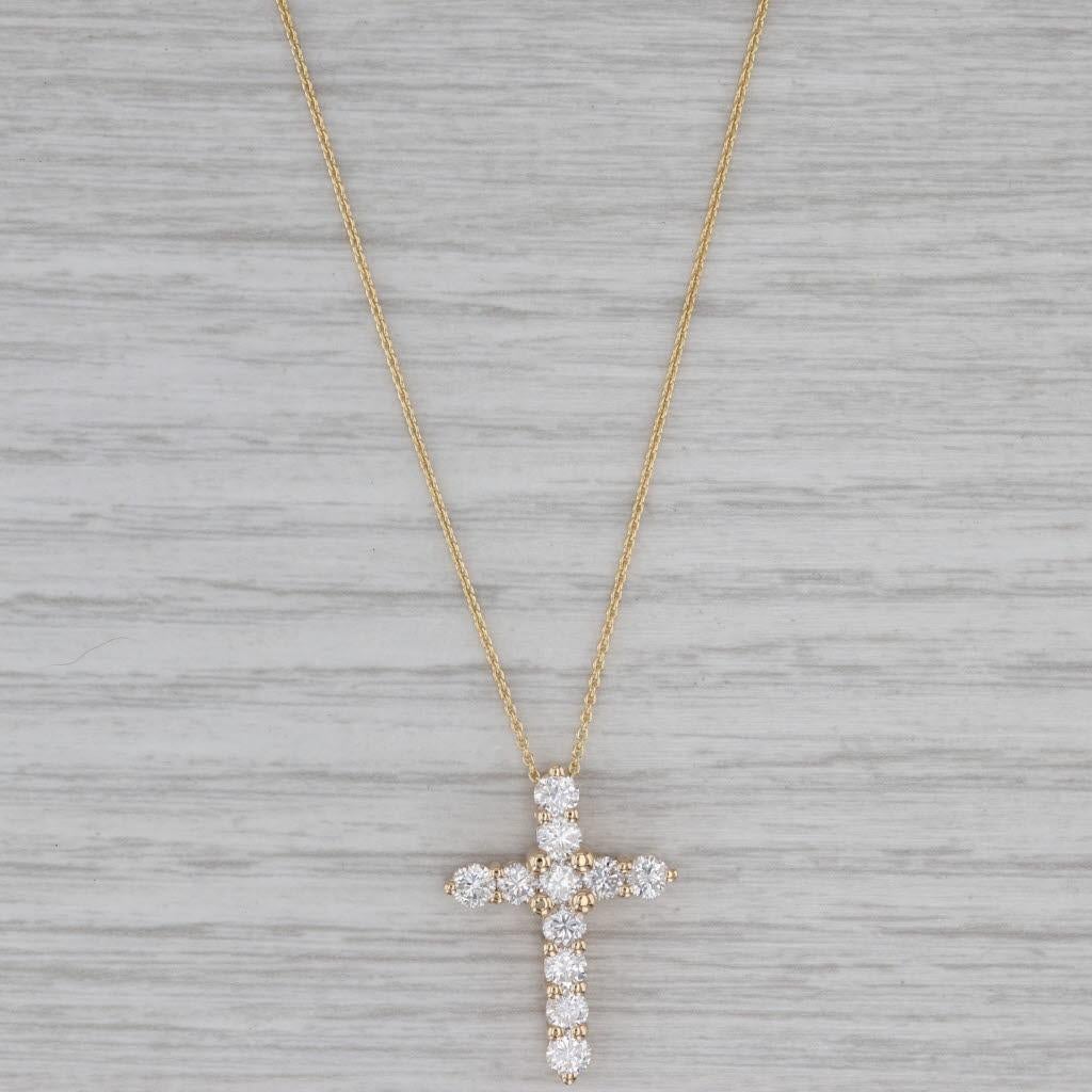 1.24ctw Diamond Cross Pendant Necklace 14k Yellow Gold 18" Cable Chain Necklace For Sale
