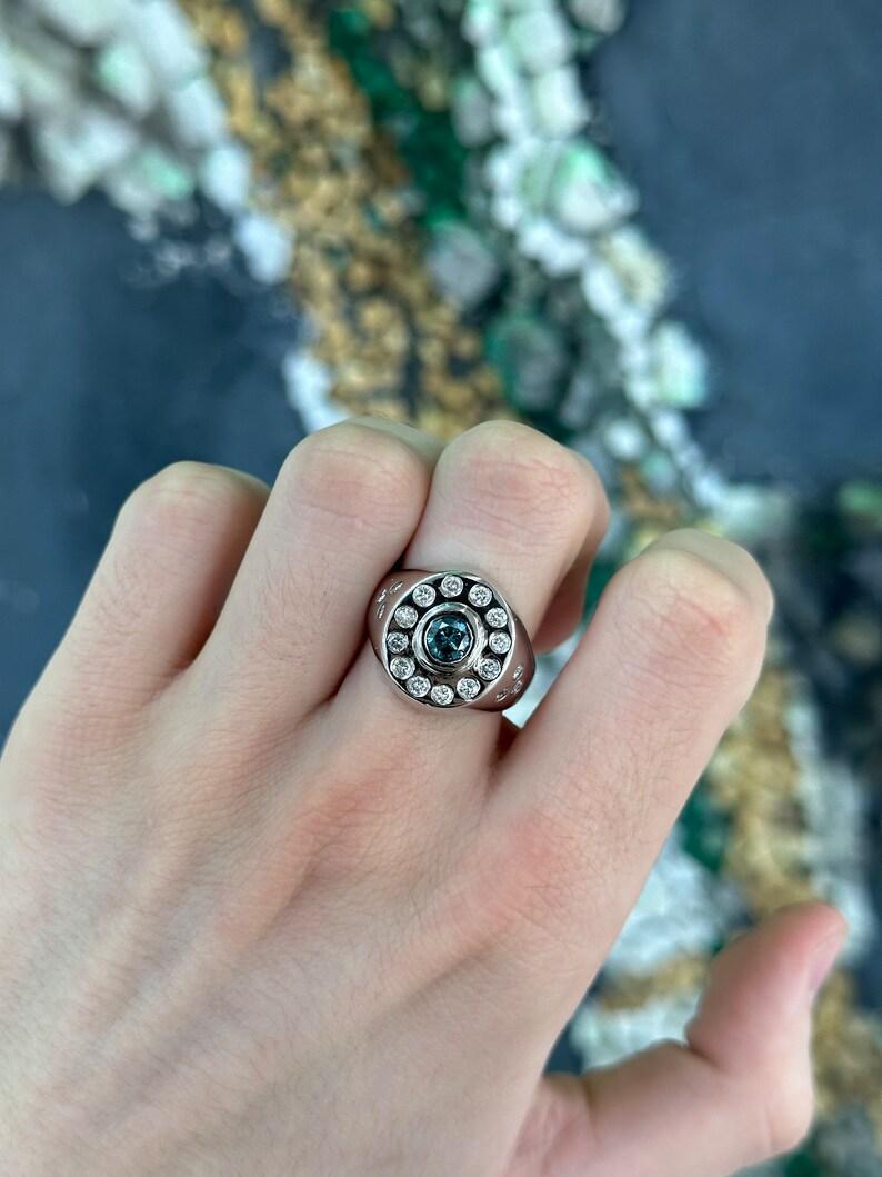 Modern 1.24tcw 14K Blue Diamond & Diamond Halo Ring Bezel Set Round Cut Unisex Ring 585 For Sale