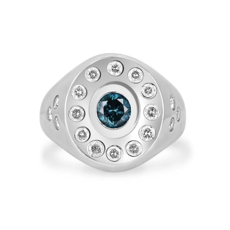 1.24tcw 14K Blue Diamond & Diamond Halo Ring Bezel Set Round Cut Unisex Ring 585