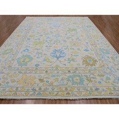 12'4"x14'10" White, 100% Wool, Colorful Oushak Weave, Hand Knotted Oversized Rug