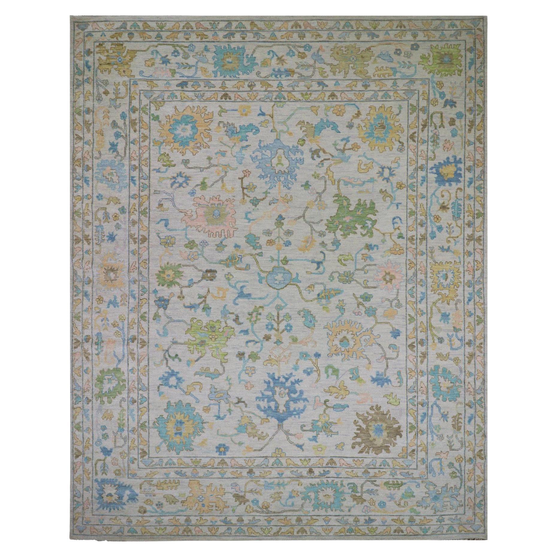 12'4"x14'10" Weißer, 100% Wollteppich, farbenfroher Oushak-Gewebe, handgeknüpfter Teppich in Übergröße