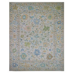 12'4"x14'10" White, 100% Wool, Colorful Oushak Weave, Hand Knotted Oversized Rug