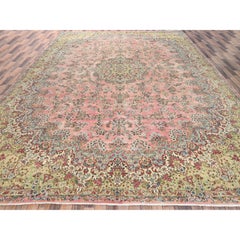 12'4"x18'4" Rose Pink Vintage Persian Kerman Sheared Low Hand Knotted Wool Rug