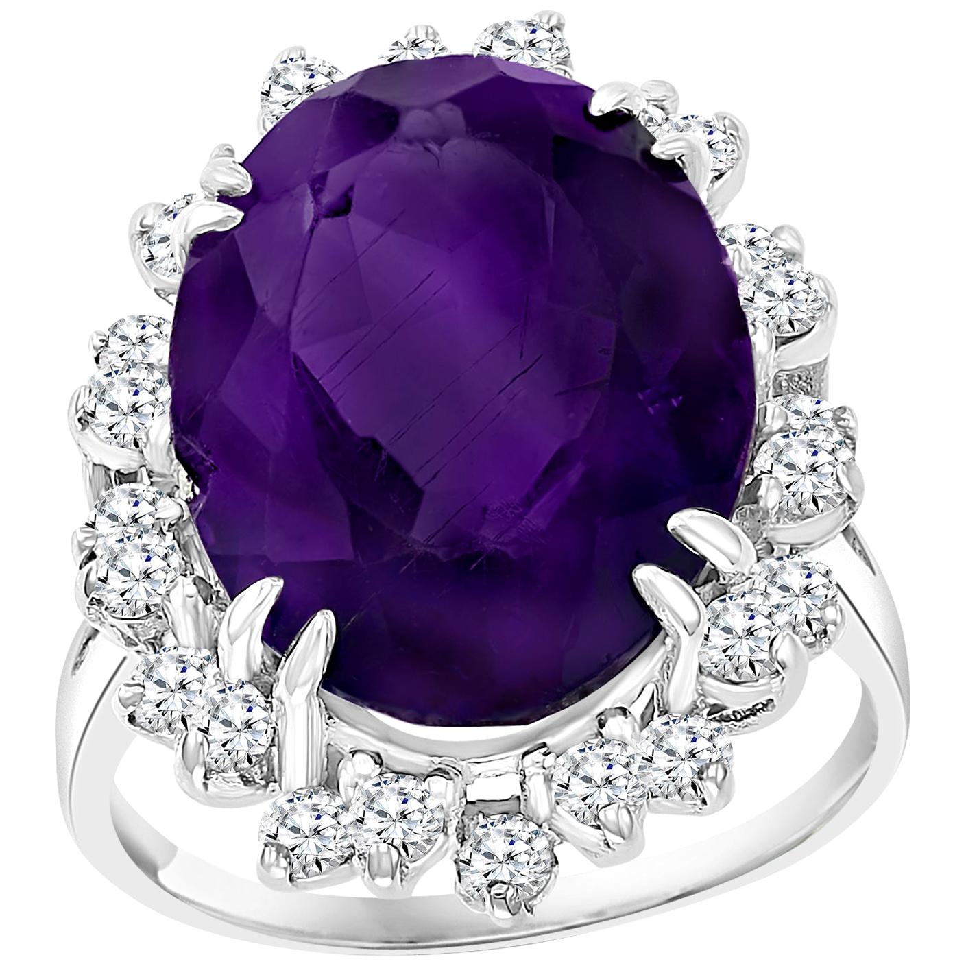 12.5 Carat Amethyst and Diamond Cocktail Ring in 14 Karat White Gold 1970s For Sale