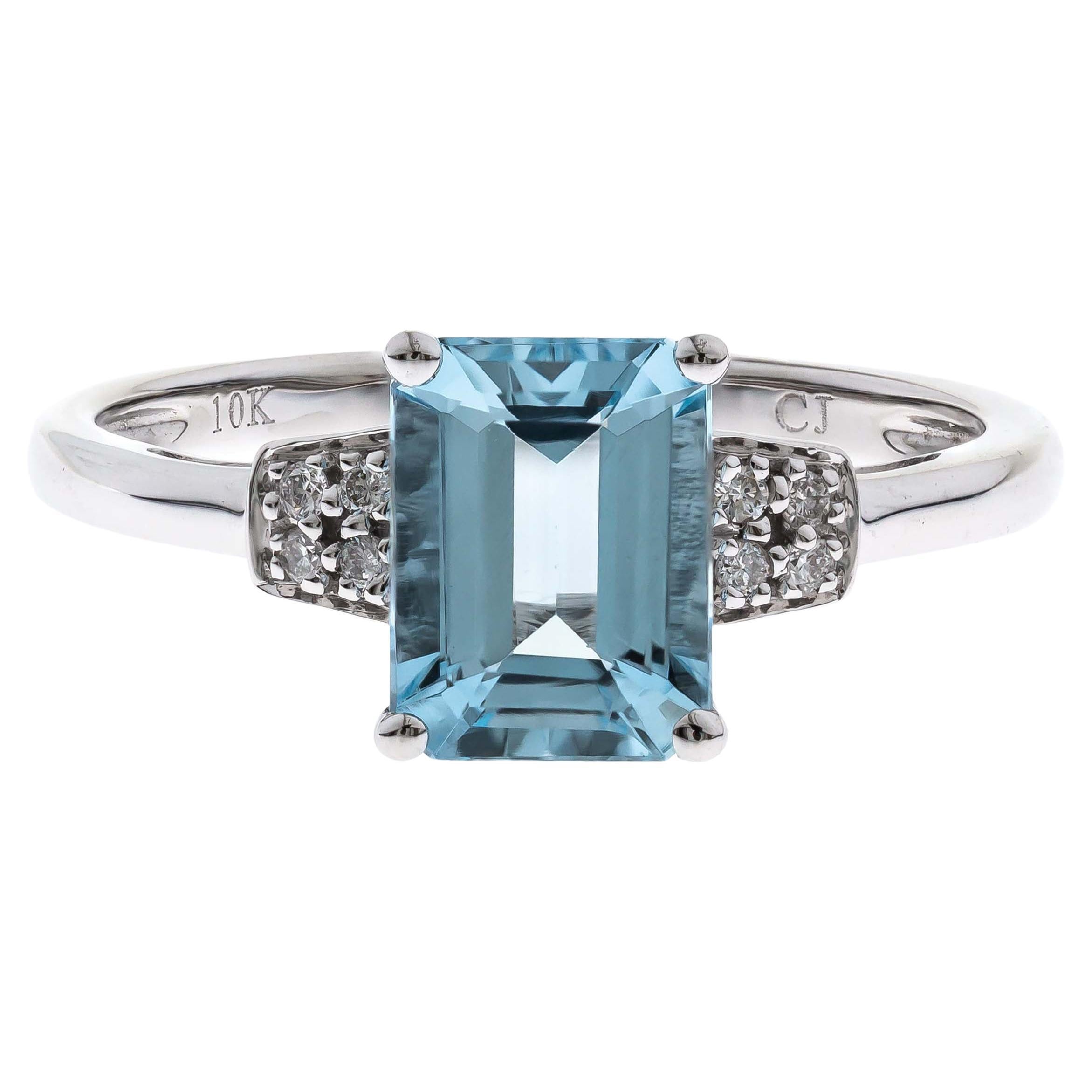 1.25 Carat Aquamarine Emerald Cut Diamond Accents 10K White Gold Engagement Ring For Sale