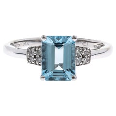 Vintage 1.25 Carat Aquamarine Emerald Cut Diamond Accents 10K White Gold Engagement Ring