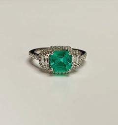 1.25 Carat Asscher Cut Columbian Emerald Diamond Three-Stone Pave Ring