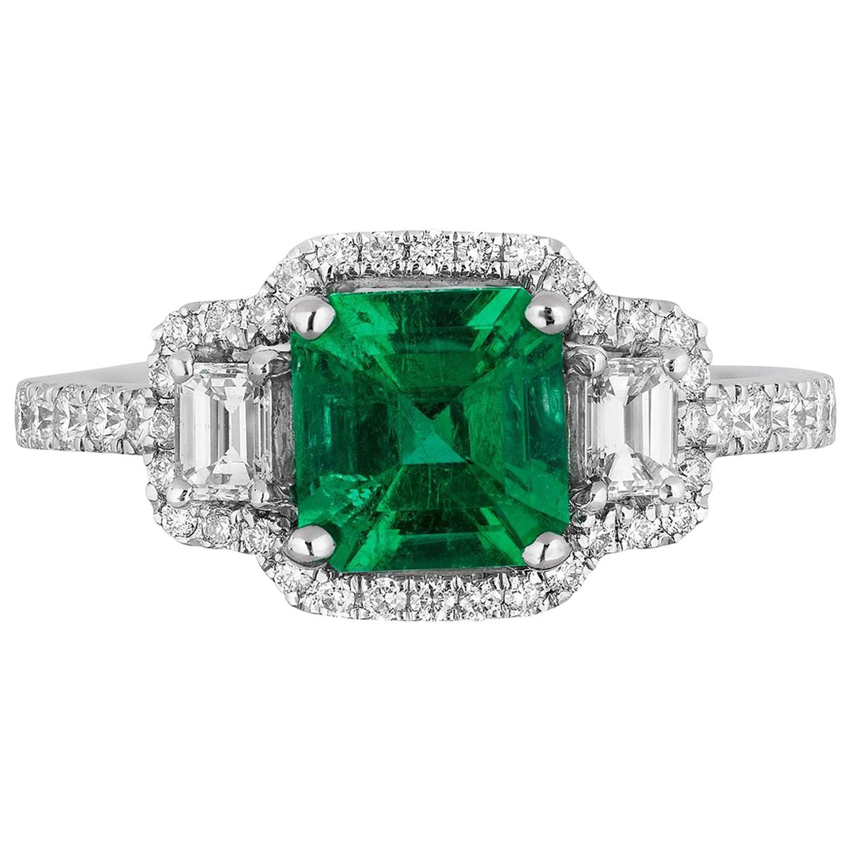 1.25 Carat Asscher Cut Columbian Emerald Diamond Three-Stone Pave Ring