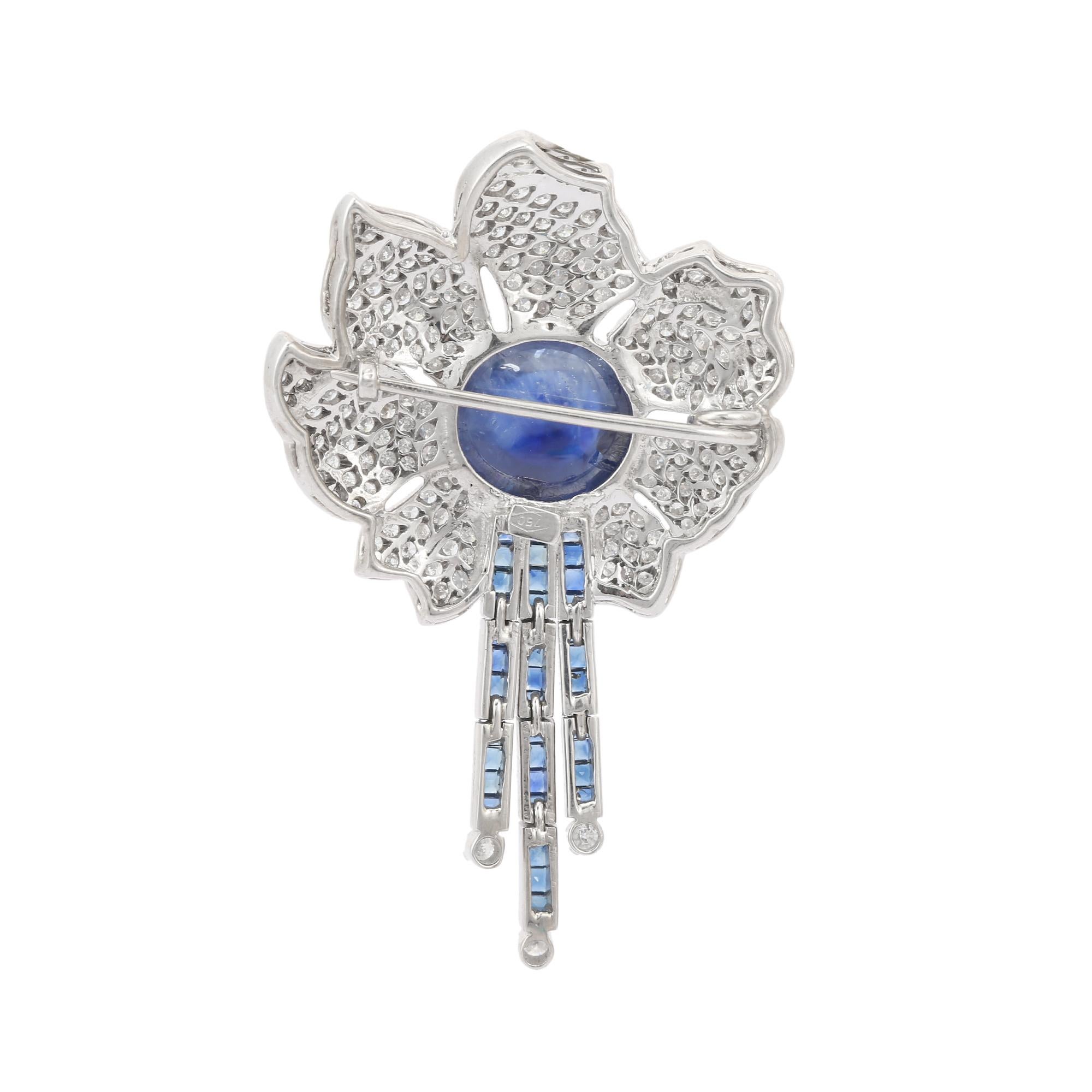 Mixed Cut Statement Diamond and 12.5 CTW Blue Sapphire Flower Brooch 18k Solid White Gold For Sale