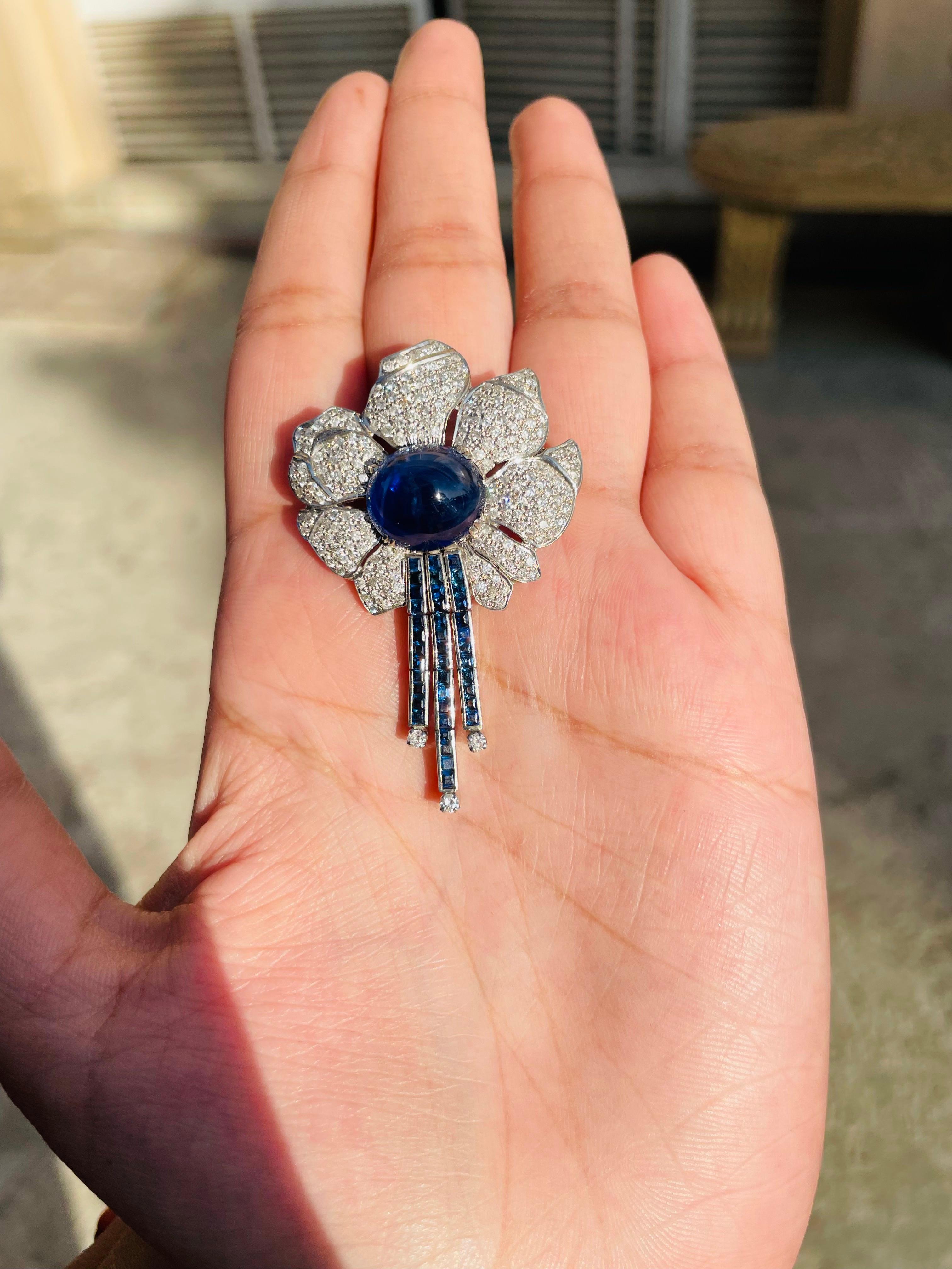 Art Deco Statement Diamond and 12.5 CTW Blue Sapphire Flower Brooch 18k Solid White Gold For Sale