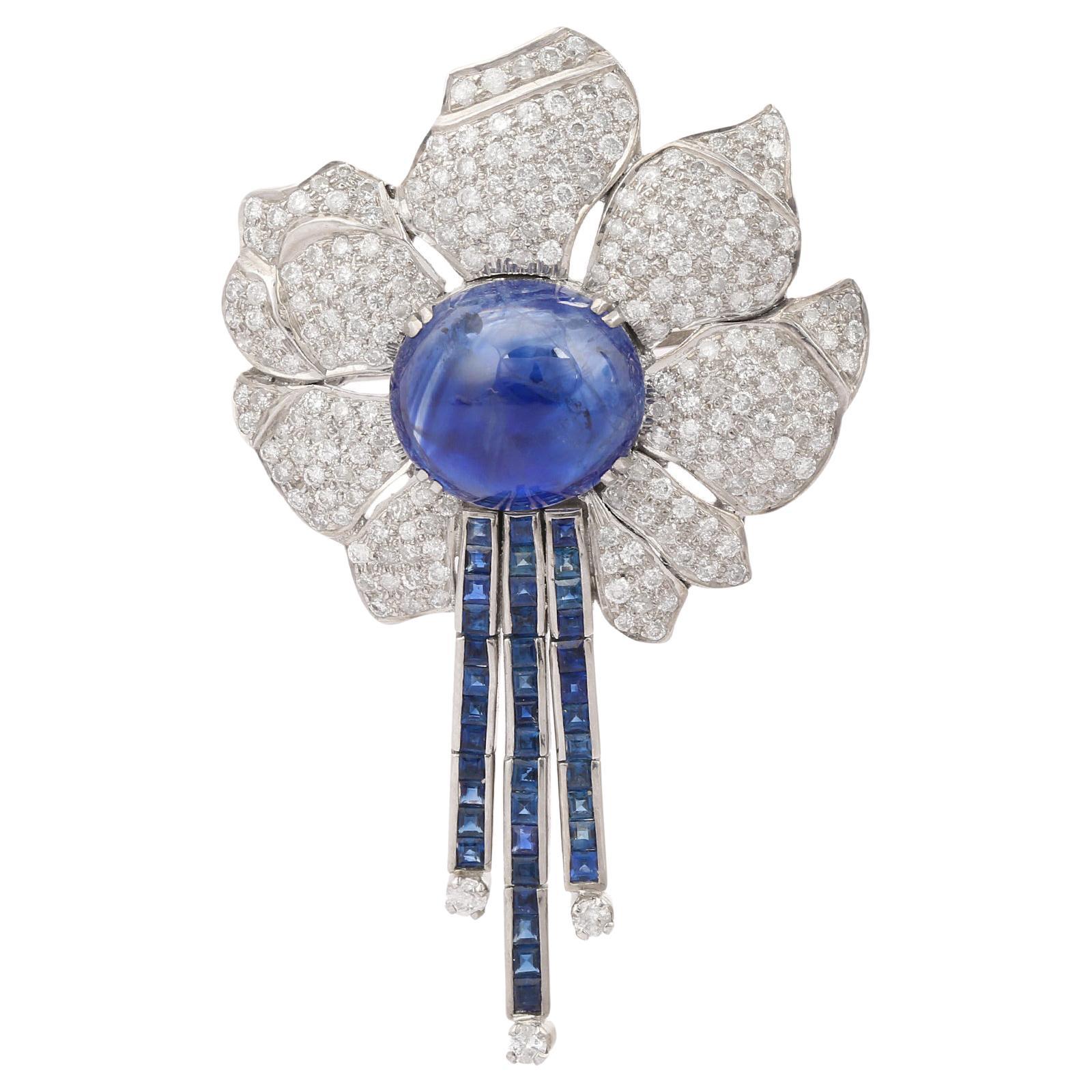 Statement Diamond and 12.5 CTW Blue Sapphire Flower Brooch 18k Solid White Gold For Sale
