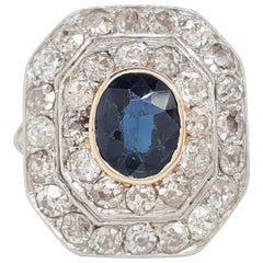 1.25 Carat Blue Sapphire and Diamond Ring Platinum Art Deco Cocktail Ring