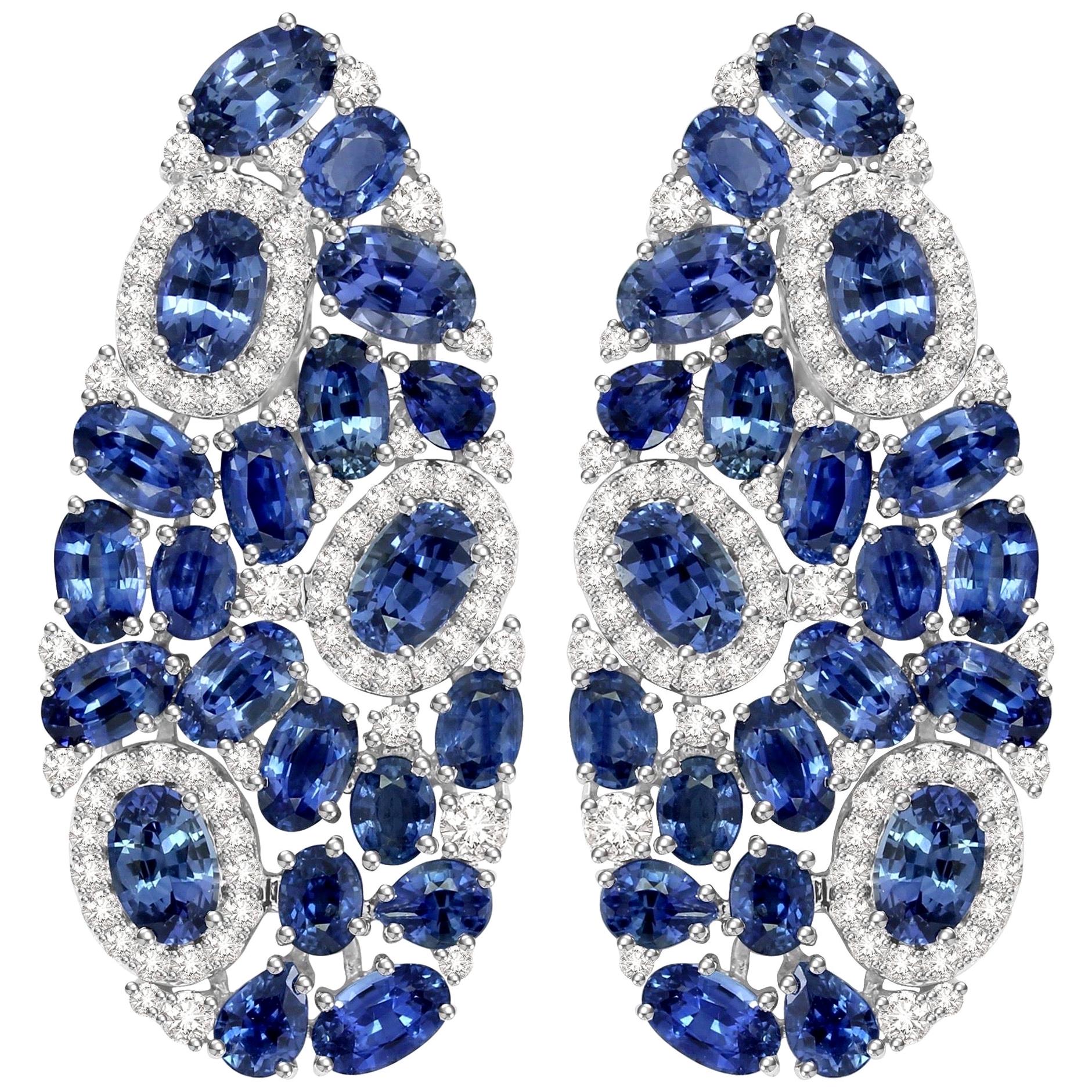12.5 Carat Blue Sapphire Diamond 18 Karat Gold Fluid Earrings