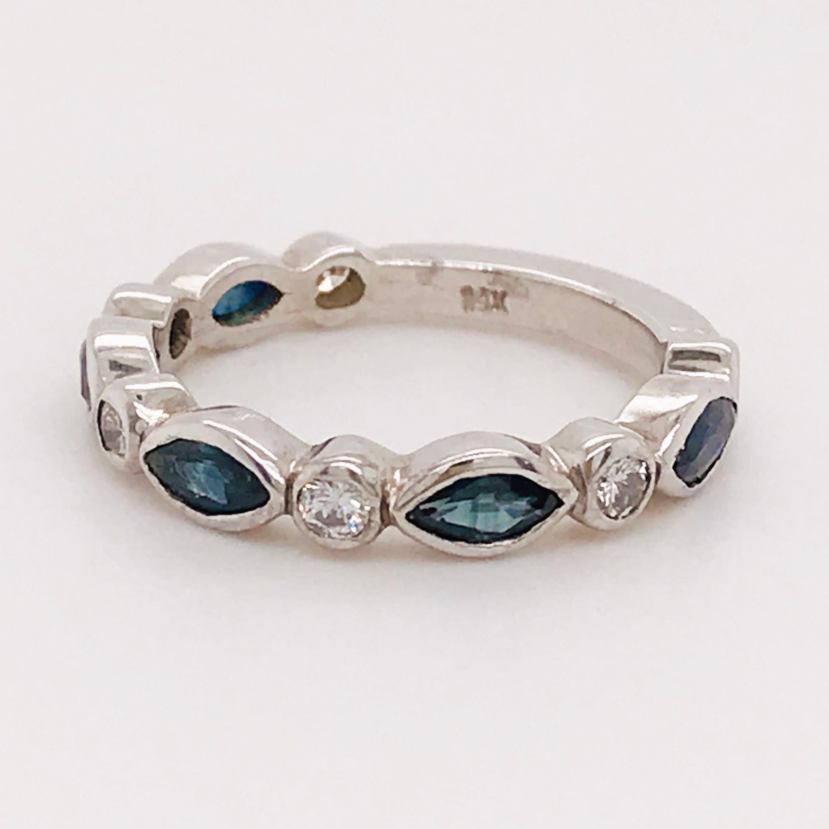 Marquise Cut Sapphire Diamond Ring, 1.25 Carat Blue Sapphire Diamond Band, Marquise, Round For Sale