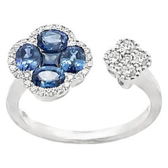1.25 Carat Blue Sapphires Quatrefoil Bypass Ring in 18K White Gold with Diamonds