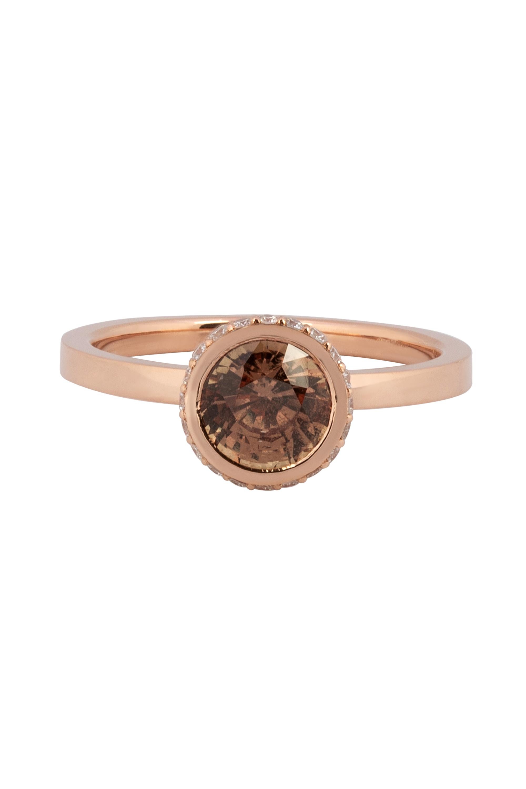 Taille ronde Bague « Les pierres précieuses sont éternelles » avec saphir orange brunâtre de 1,25 carat et diamant  en vente