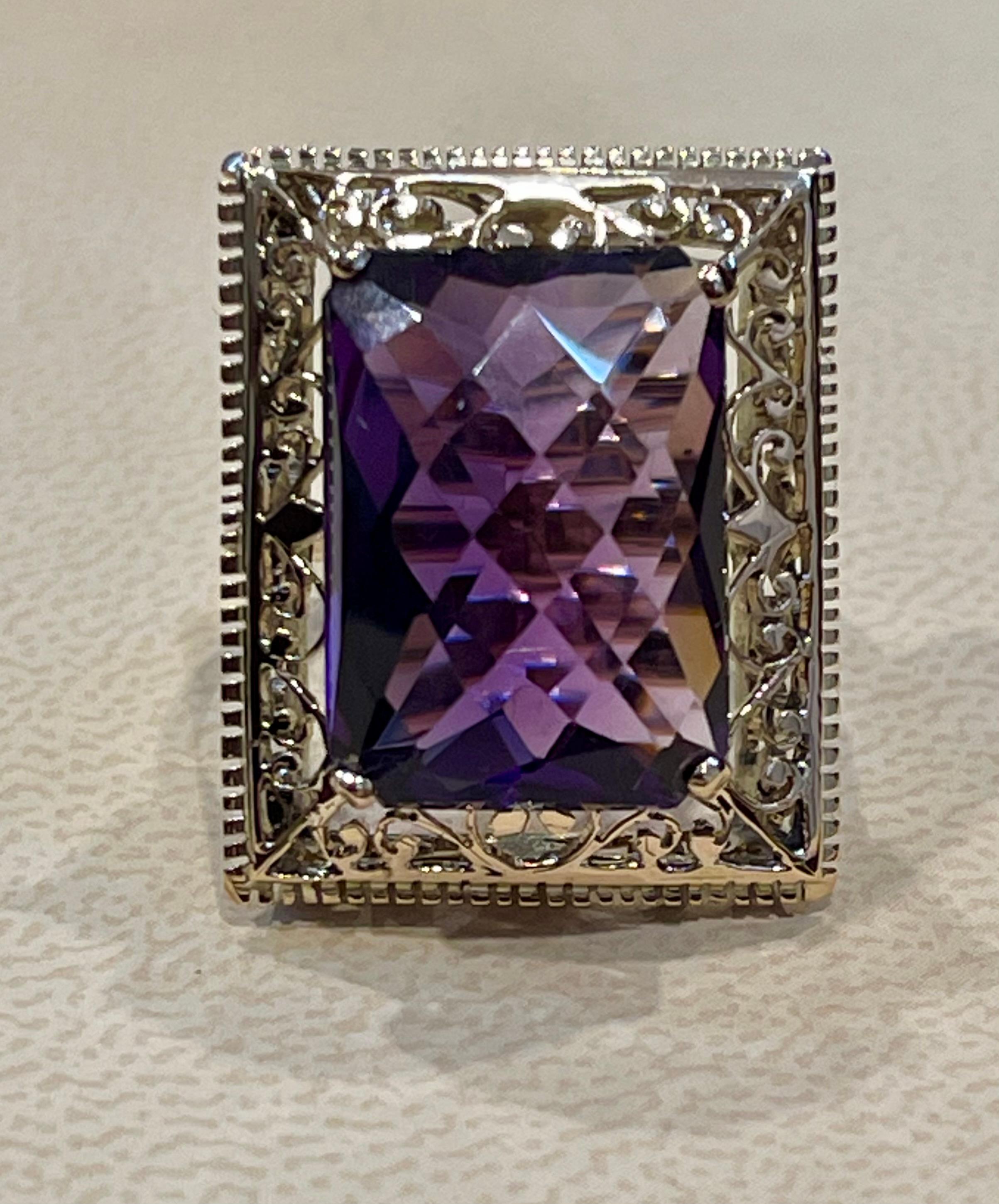 13.5 Carat Checker Board Amethyst Filigree Cocktail Ring in 14 Karat Yellow Gold For Sale 5