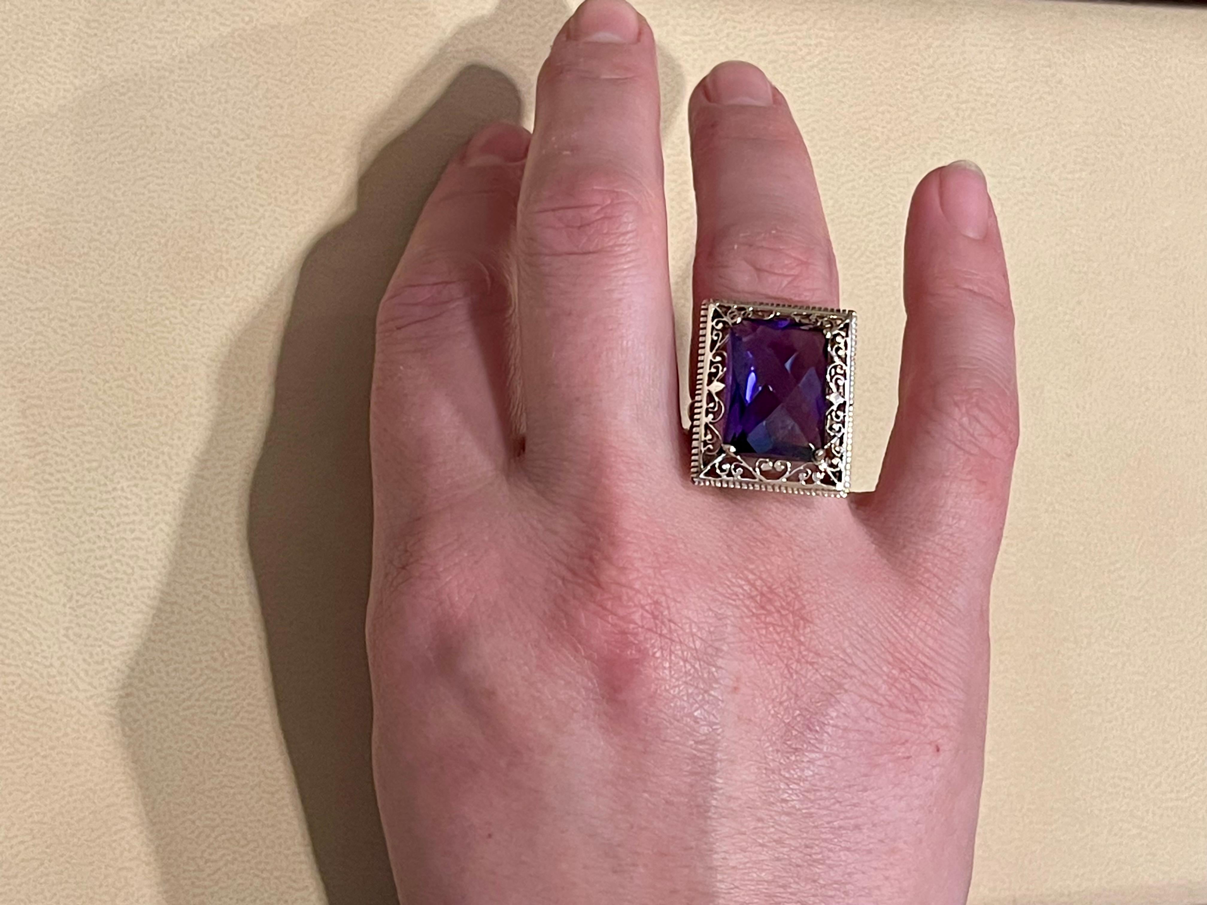 13.5 Carat Checker Board Amethyst Filigree Cocktail Ring in 14 Karat Yellow Gold For Sale 6