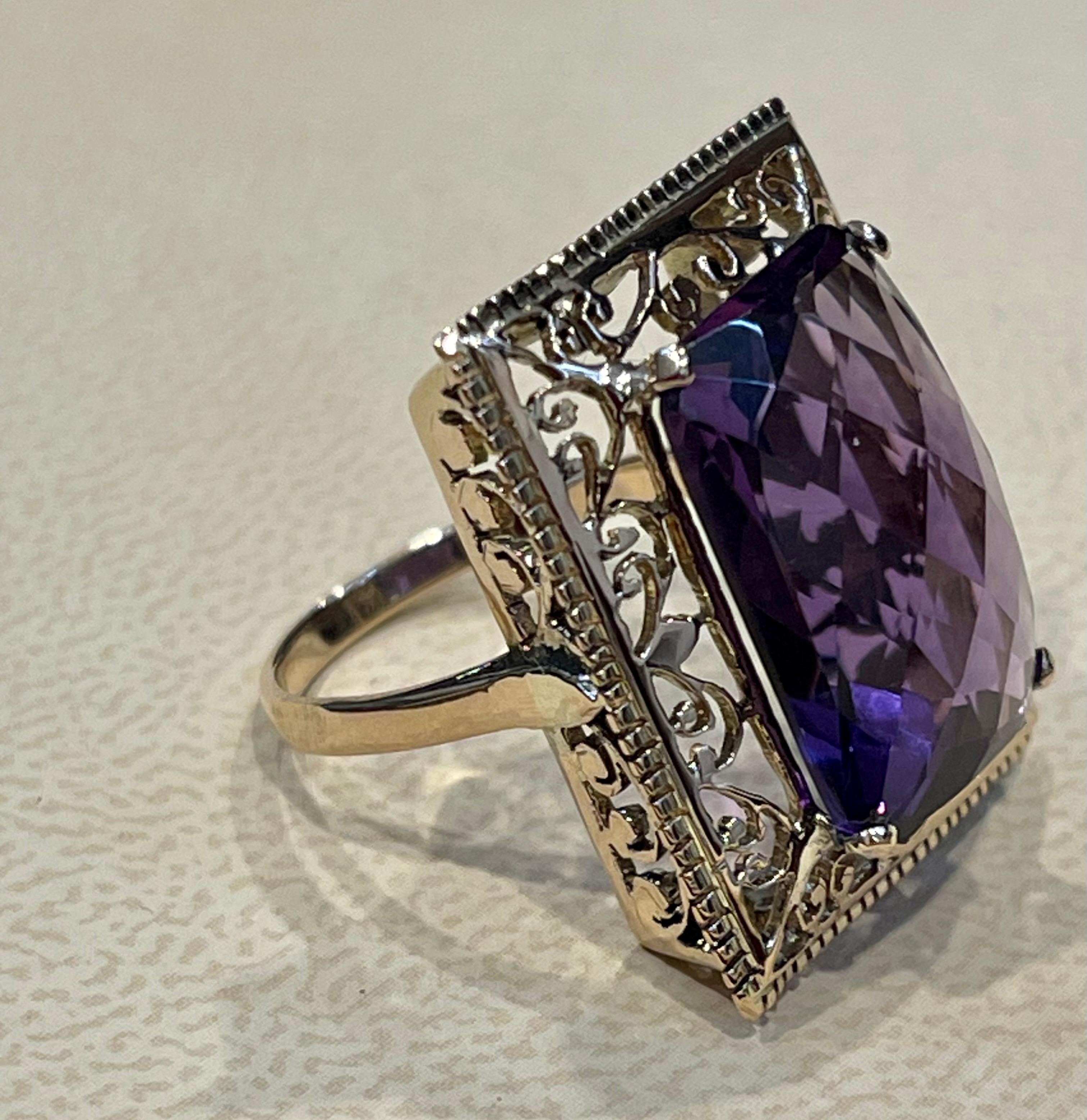 13.5 Carat Checker Board Amethyst Filigree Cocktail Ring in 14 Karat Yellow Gold For Sale 7