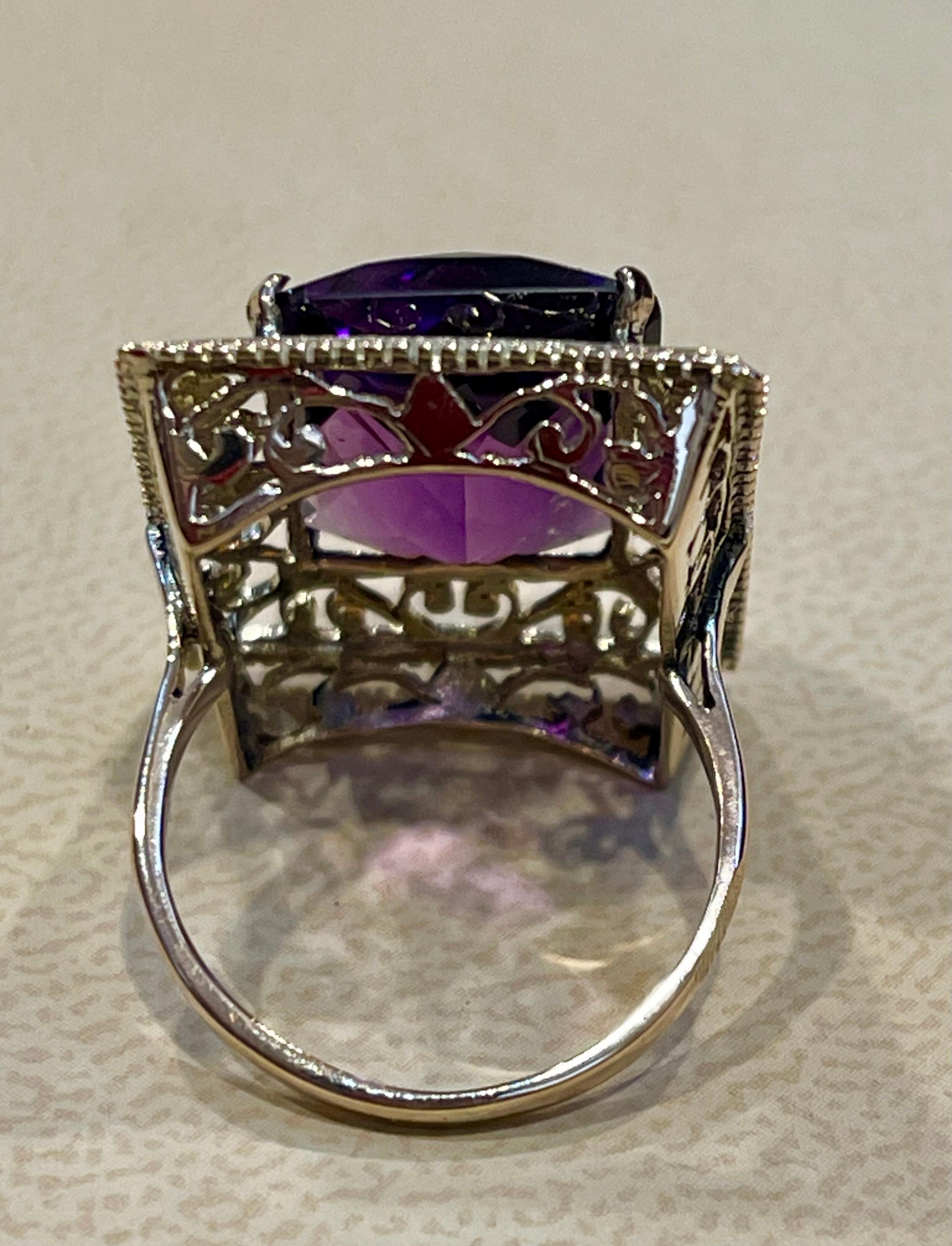 13.5 Carat Checker Board Amethyst Filigree Cocktail Ring in 14 Karat Yellow Gold For Sale 8