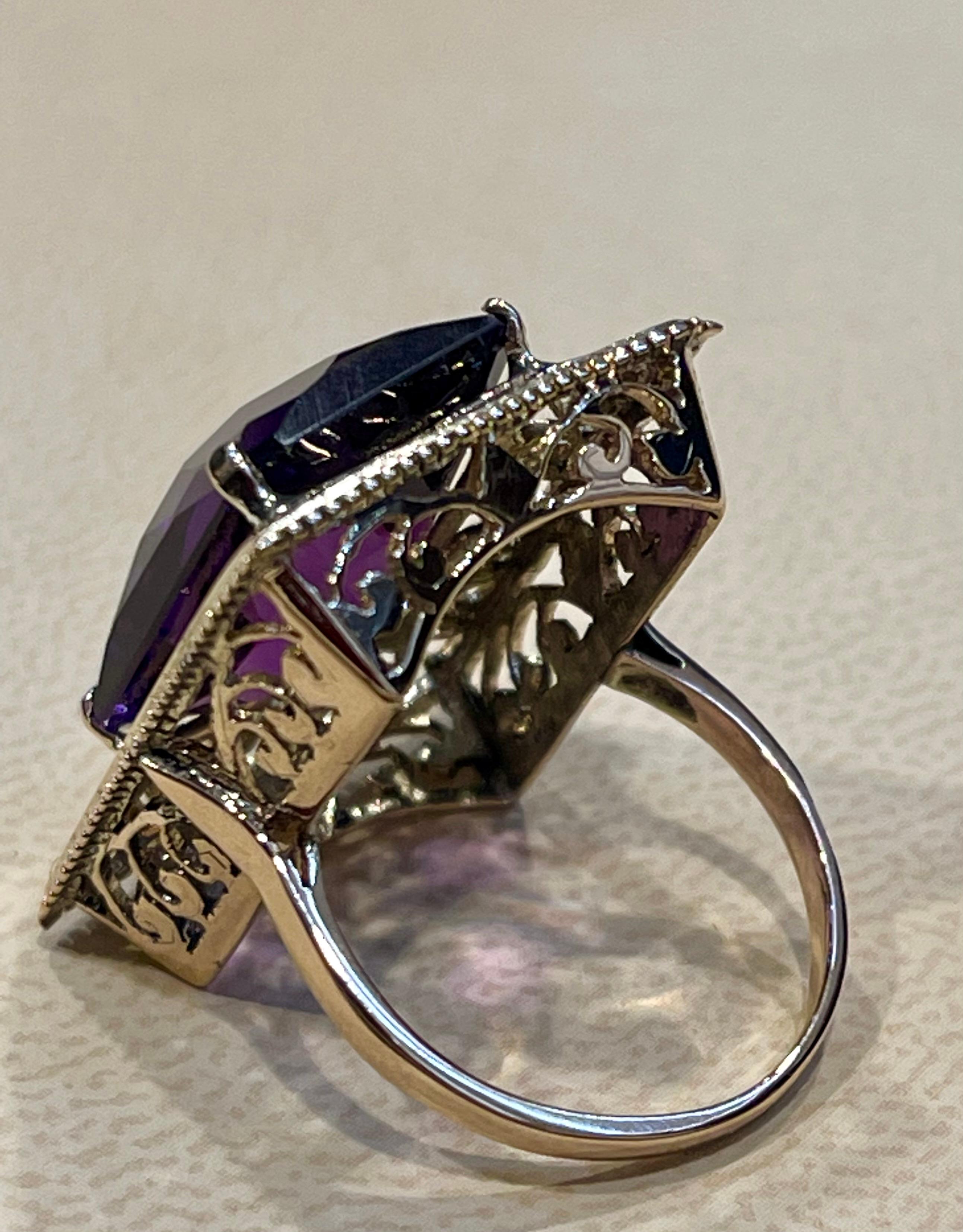 13.5 Carat Checker Board Amethyst Filigree Cocktail Ring in 14 Karat Yellow Gold For Sale 9
