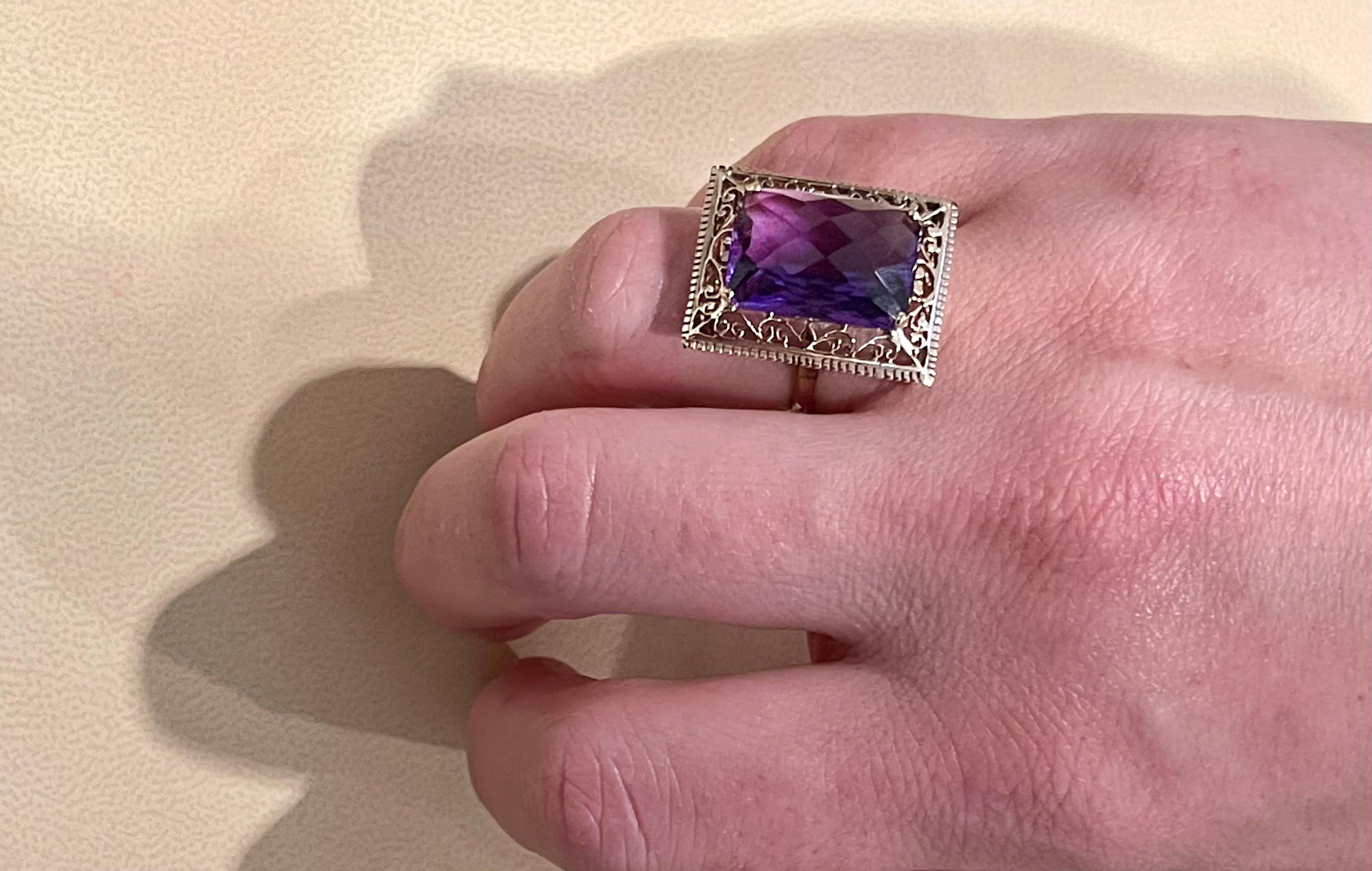 13.5 Carat Checker Board Amethyst Filigree Cocktail Ring in 14 Karat Yellow Gold For Sale 11