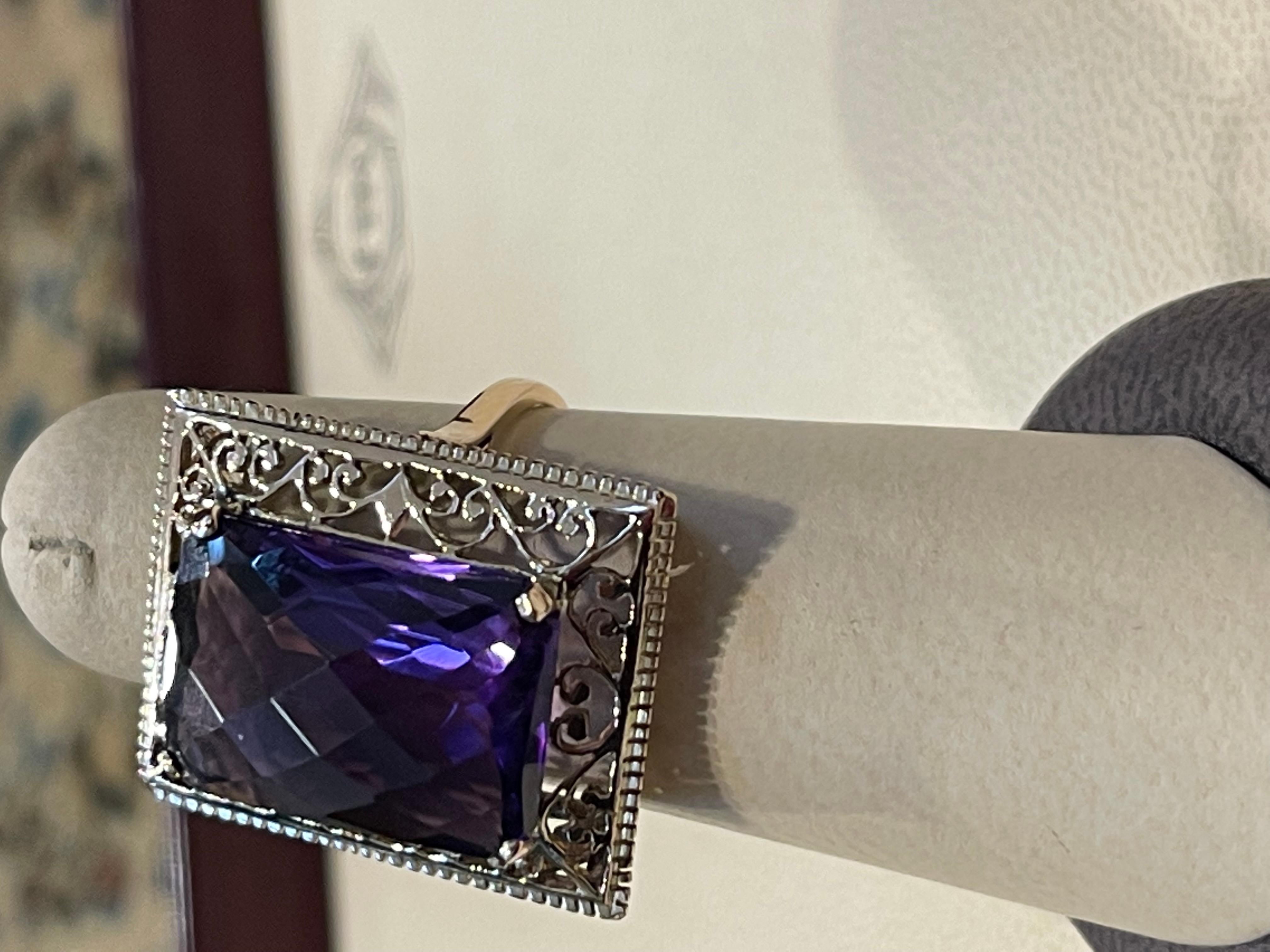 13.5 Carat Checker Board Amethyst Filigree Cocktail Ring in 14 Karat Yellow Gold For Sale 12
