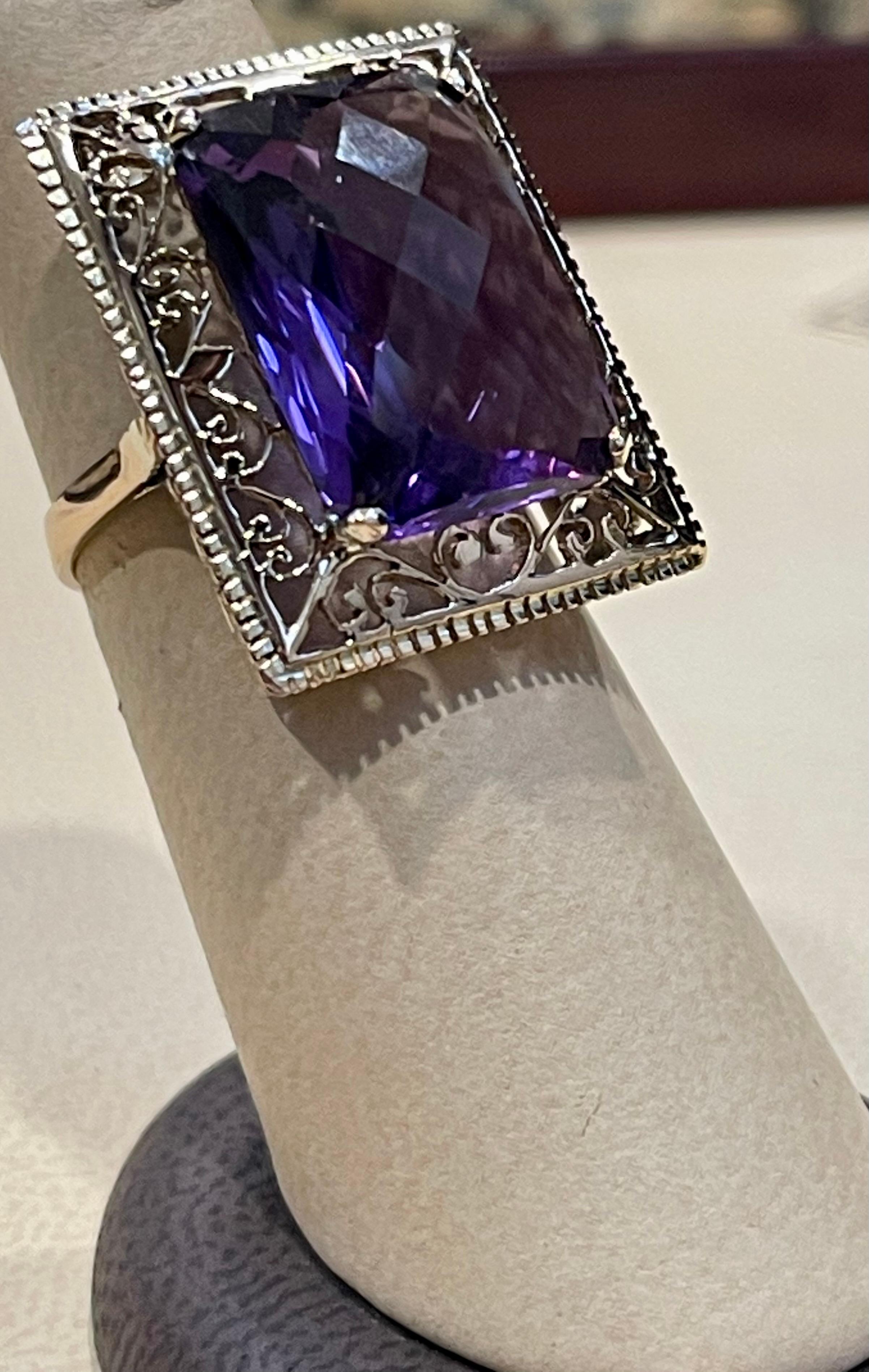 13.5 Carat Checker Board Amethyst Filigree Cocktail Ring in 14 Karat Yellow Gold For Sale 13