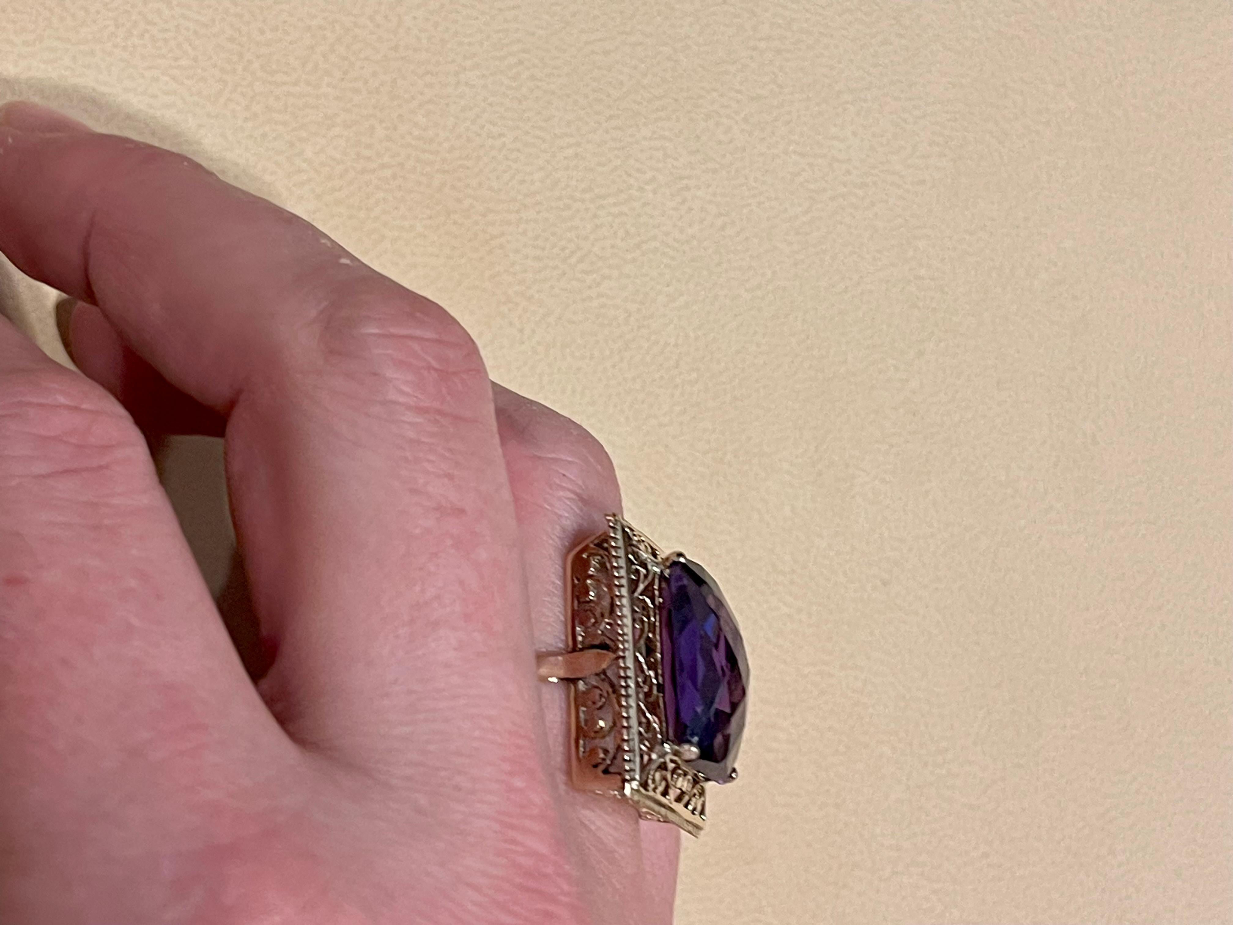 13.5 Carat Checker Board Amethyst Filigree Cocktail Ring in 14 Karat Yellow Gold For Sale 14