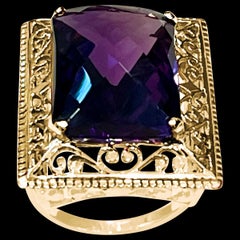 13.5 Carat Checker Board Amethyst Filigree Cocktail Ring in 14 Karat Yellow Gold