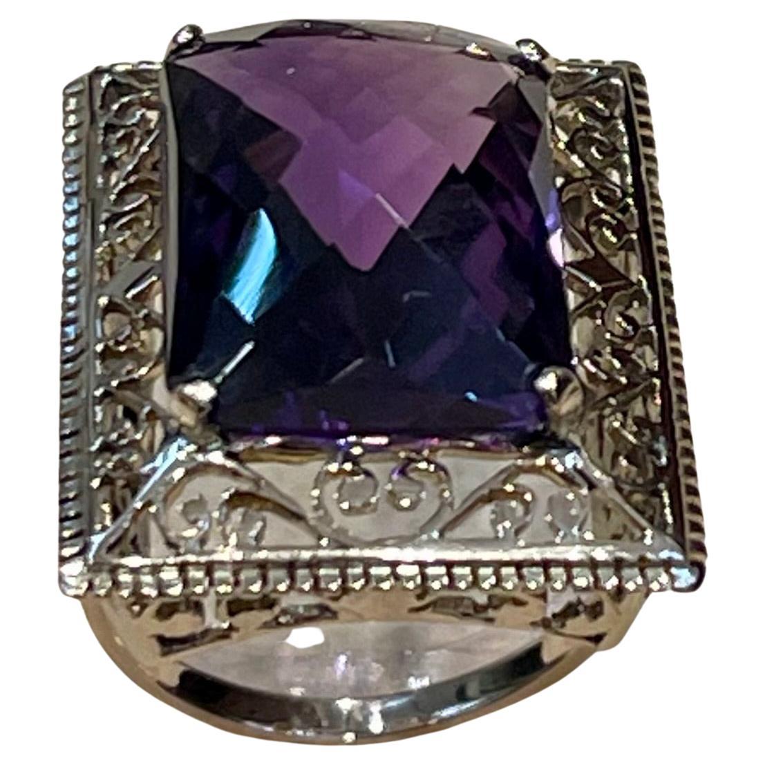 Women's 13.5 Carat Checker Board Amethyst Filigree Cocktail Ring in 14 Karat Yellow Gold For Sale