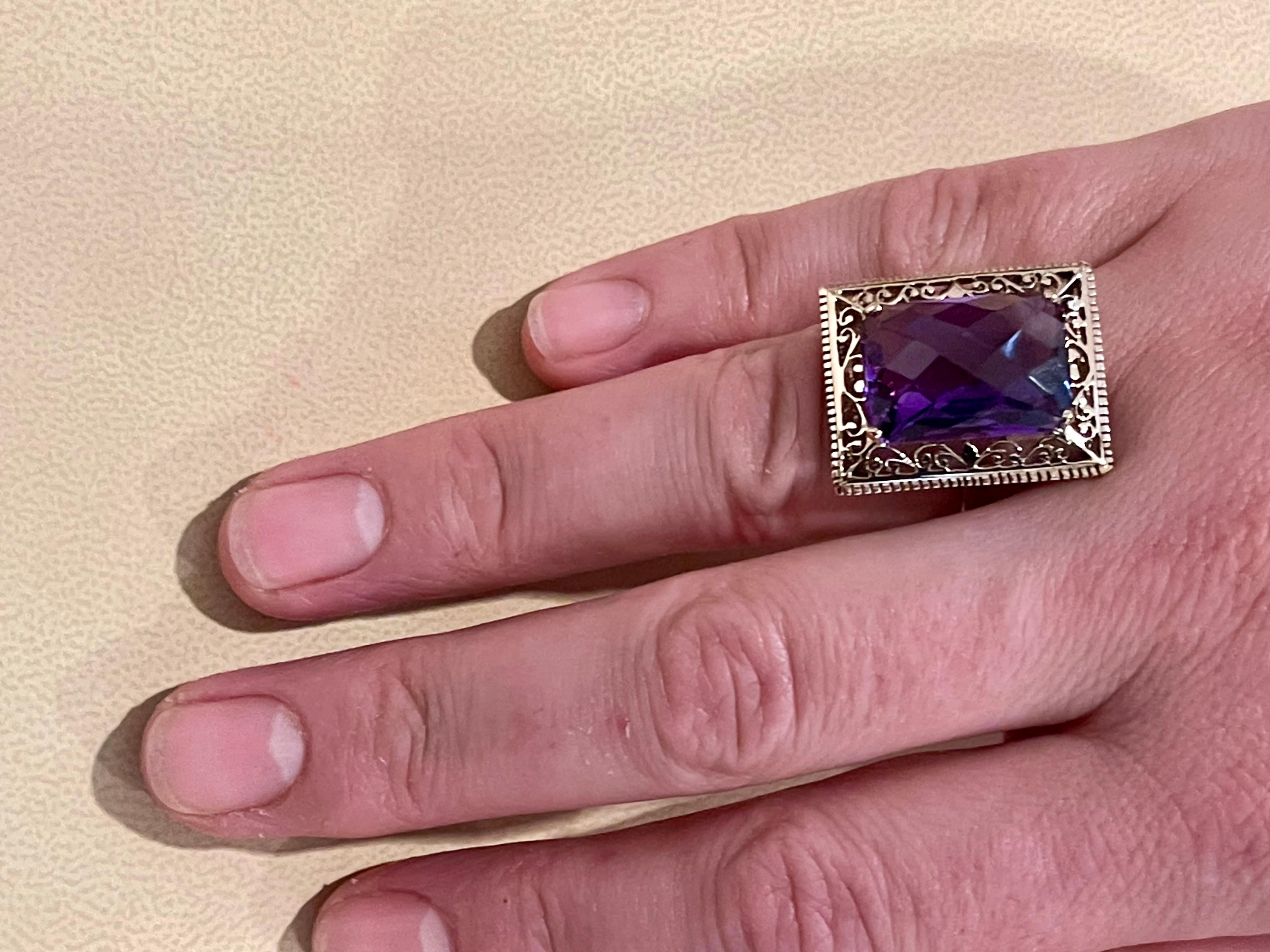 13.5 Carat Checker Board Amethyst Filigree Cocktail Ring in 14 Karat Yellow Gold For Sale 2