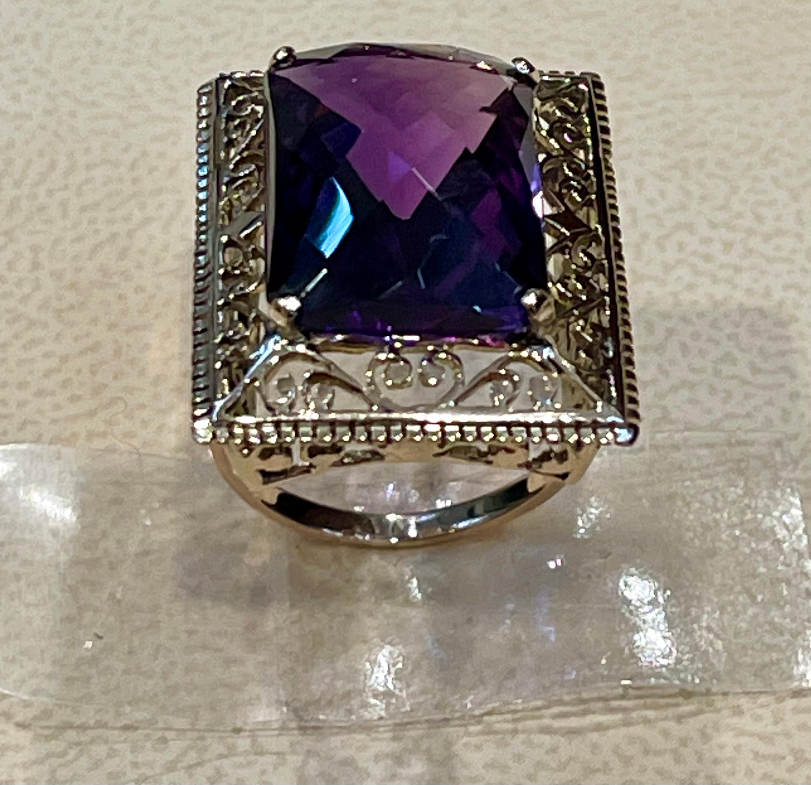 13.5 Carat Checker Board Amethyst Filigree Cocktail Ring in 14 Karat Yellow Gold For Sale 3