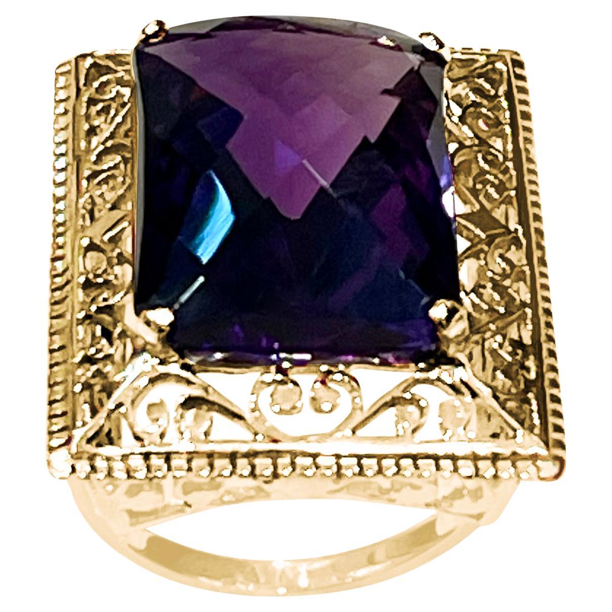 13.5 Carat Checker Board Amethyst Filigree Cocktail Ring in 14 Karat Yellow Gold For Sale