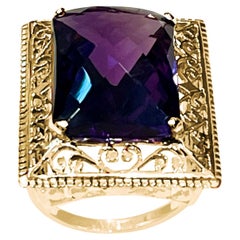 13.5 Carat Checker Board Amethyst Filigree Cocktail Ring in 14 Karat Yellow Gold