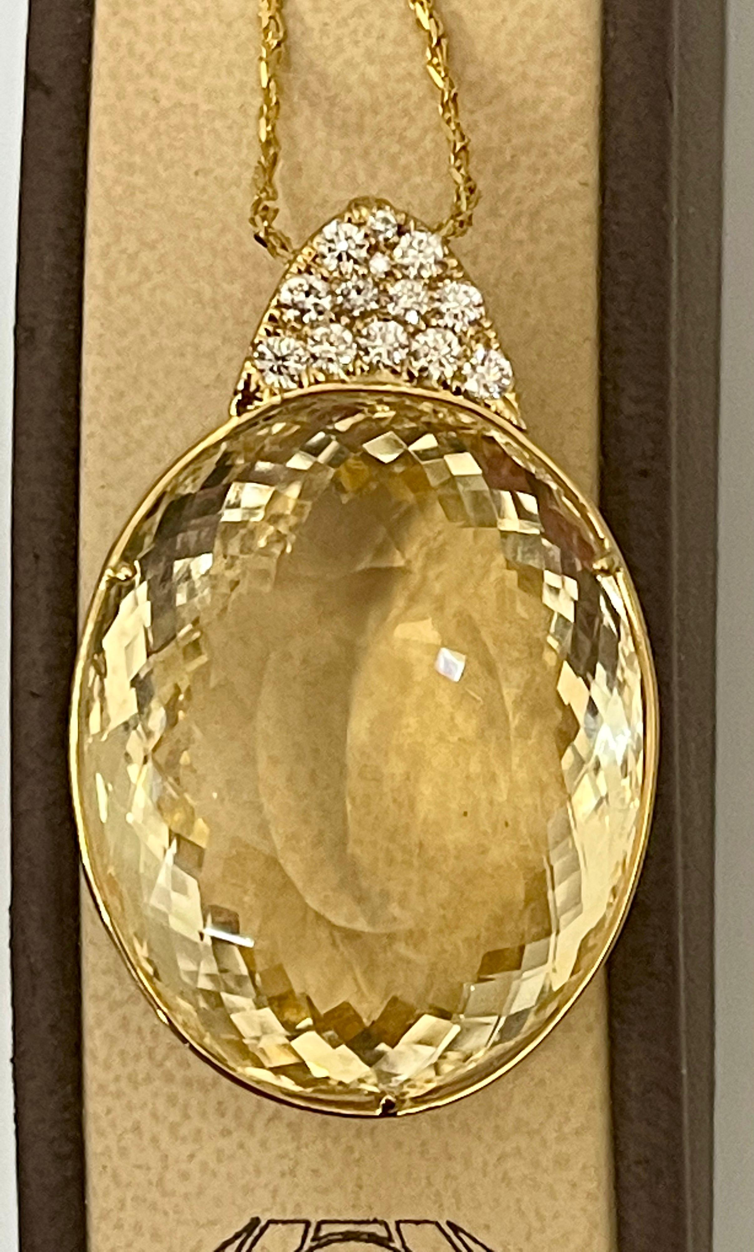 125 Carat Citrine & Diamond Pendent or Necklace 14 Karat Yellow Gold with Chain For Sale 4