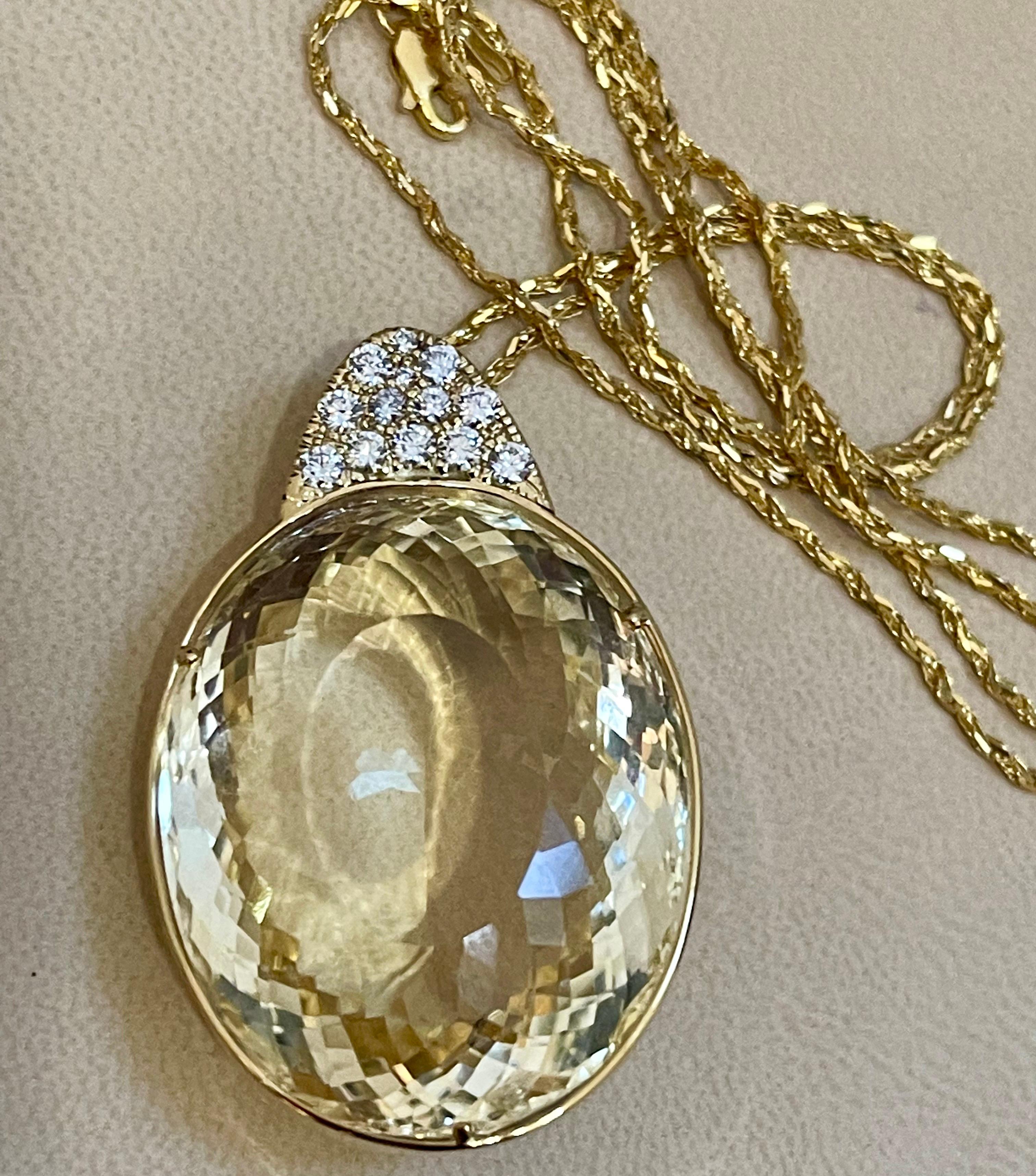 125 Carat Citrine & Diamond Pendent or Necklace 14 Karat Yellow Gold with Chain In Excellent Condition For Sale In New York, NY