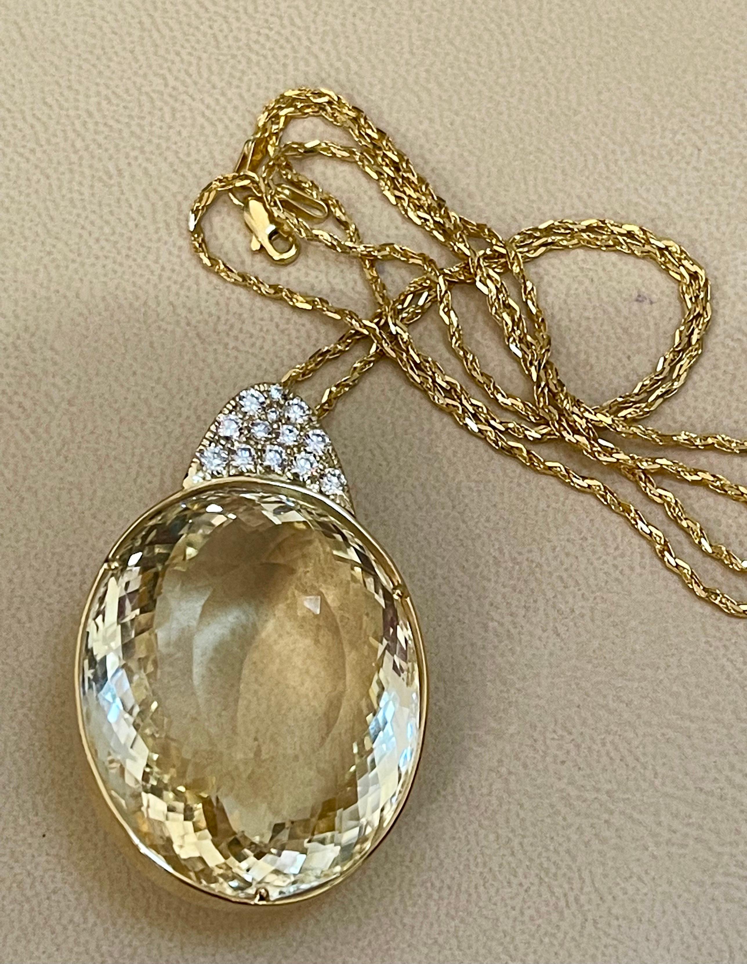 Women's 125 Carat Citrine & Diamond Pendent or Necklace 14 Karat Yellow Gold with Chain For Sale