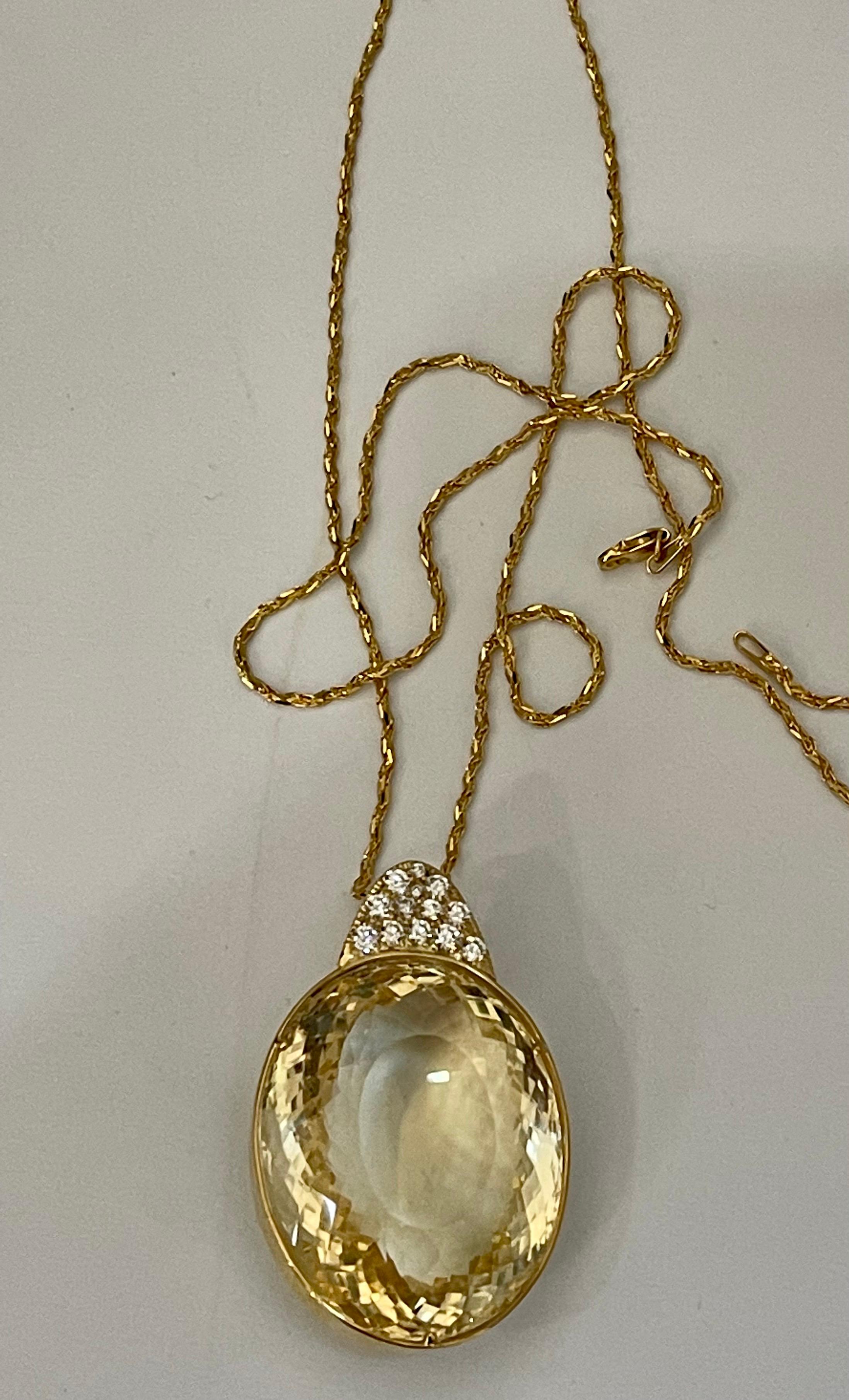 125 Carat Citrine & Diamond Pendent or Necklace 14 Karat Yellow Gold with Chain For Sale 1