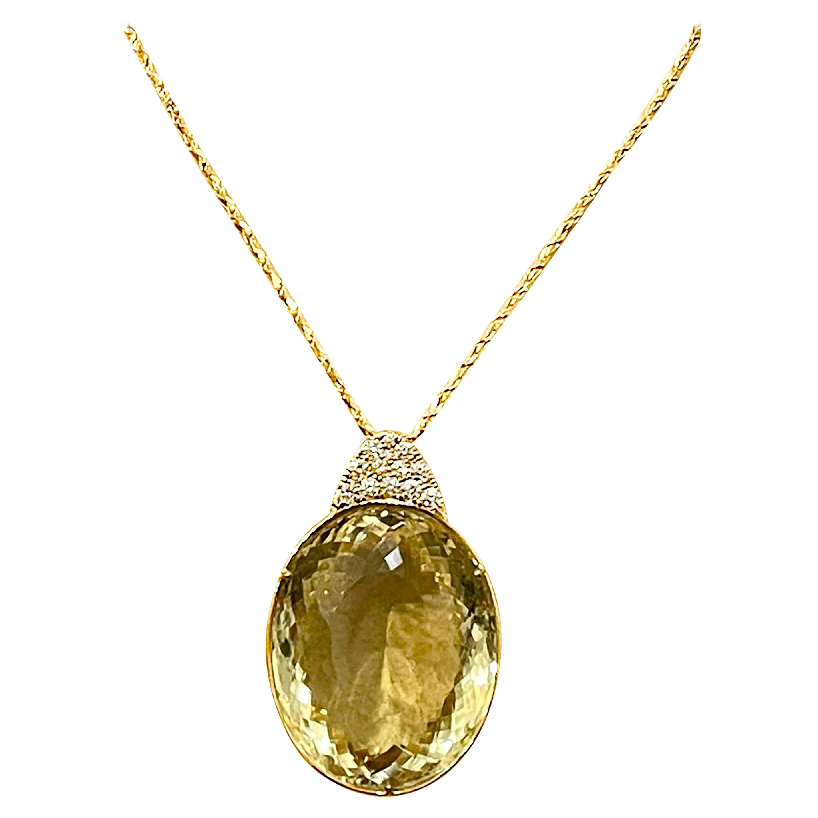 125 Carat Citrine & Diamond Pendent or Necklace 14 Karat Yellow Gold with Chain For Sale